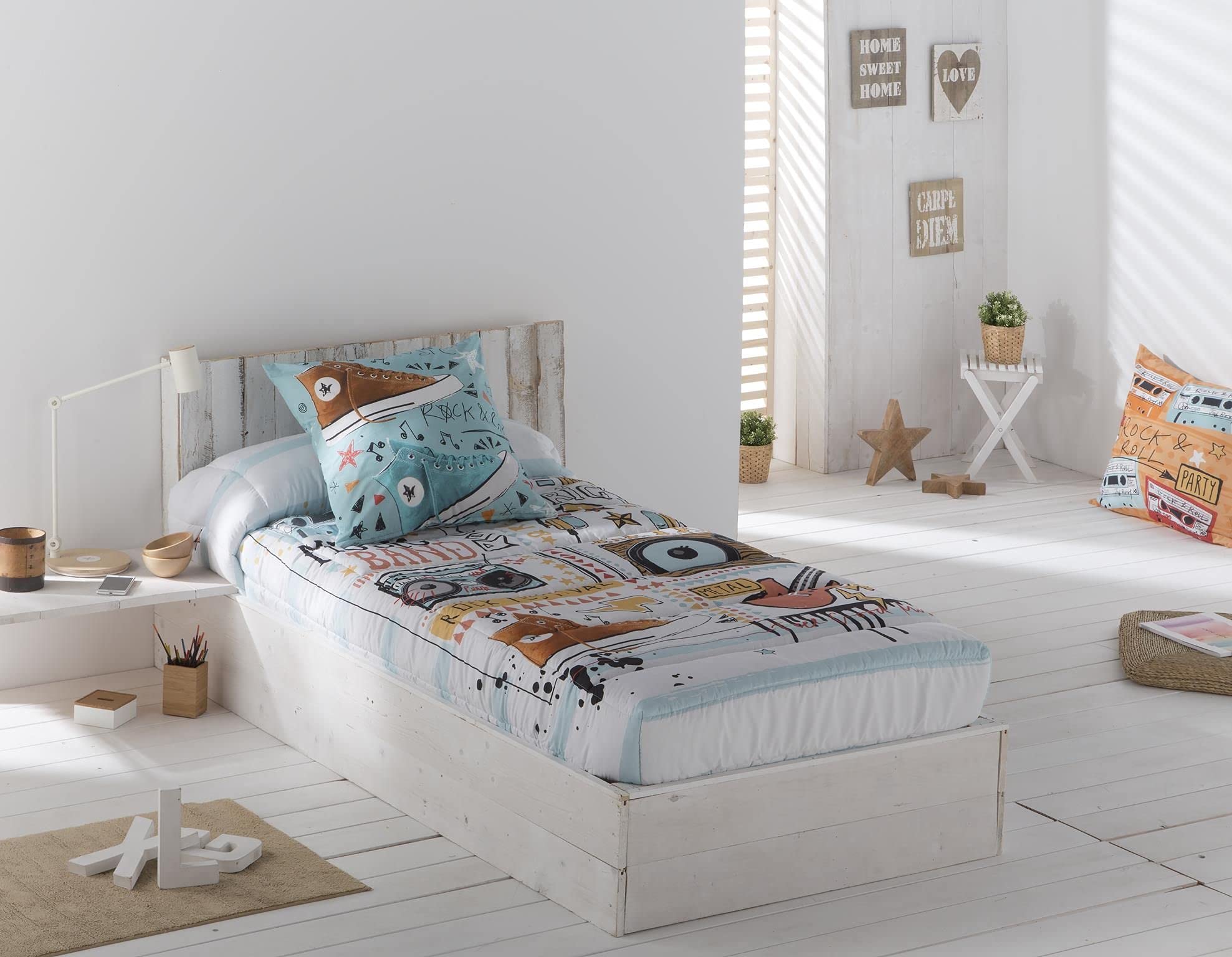 Ropa de Cama Juvenil 100% algodón Percal 200 Hilos Modelo Music de JVR, Ideal para Adolescentes (Edredón Ajustable Cama 105cm)