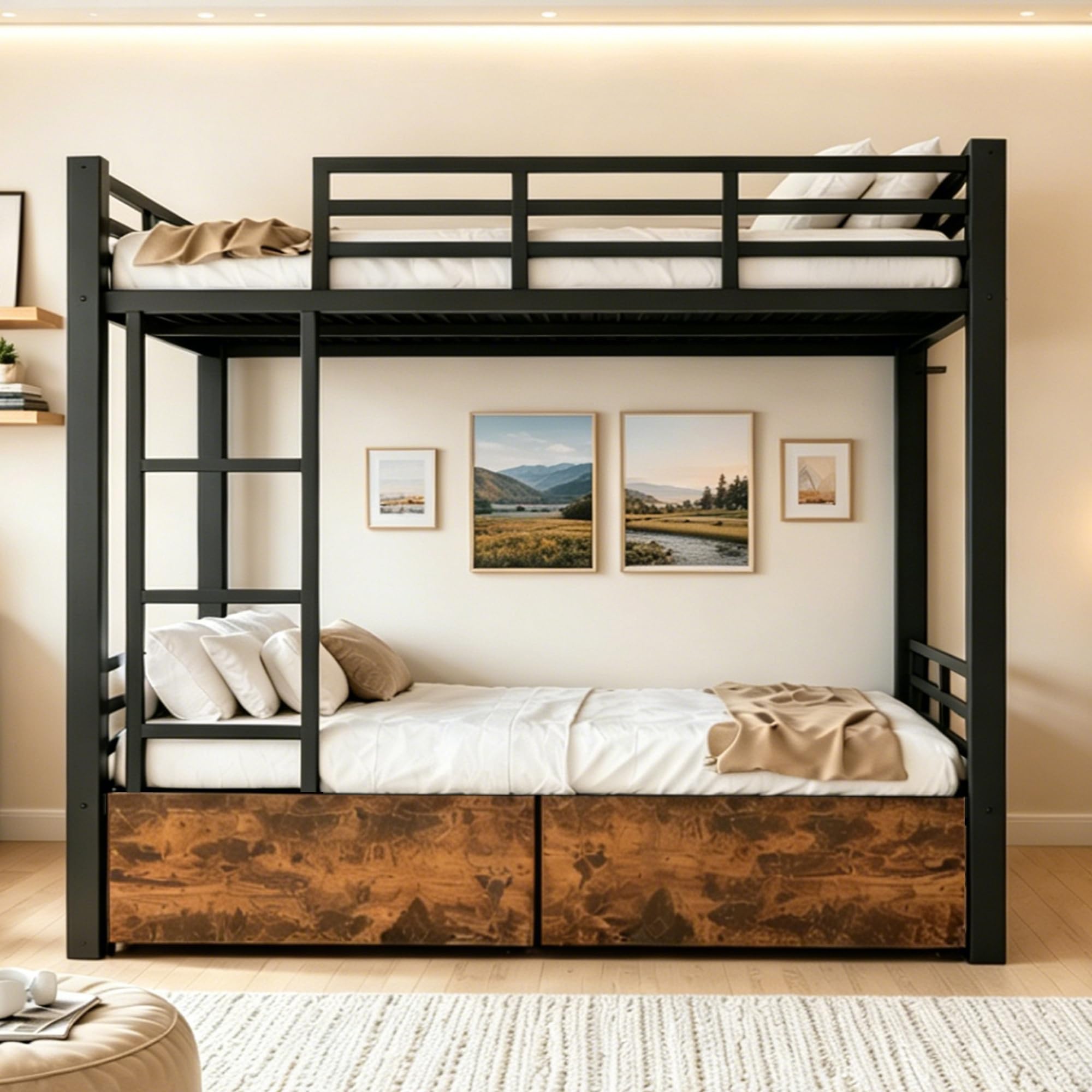 Azkoeesy Litera para dormitorio de metal resistente, 200 x 90 cm, con 2 cajones, escalera de metal resistente y barandilla de seguridad para adolescentes y adultos (90 x 200, negro)