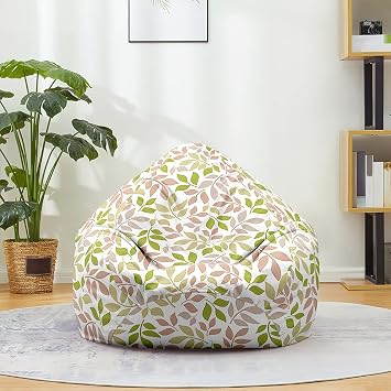 Mateju Cotton Linen Bean Bag Cover, 3D Leaf Print Gaming Bean Cover Without Filling Stuffed Toy Clothes Storage Bag, Lazy Sofa Seat for Adult and Kids Green Pink A,70x80cm