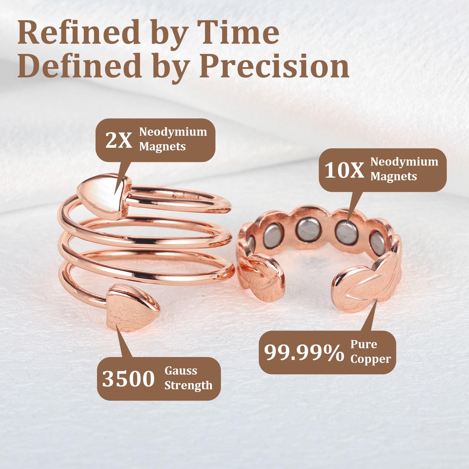 BioMag 2Pcs Lymphatic Drainage Copper Rings for Women in Different Design, Pure Copper Magnetic Ring with 10X Ultra Strength Magnet, Adjustable Jewelry in Gift Box