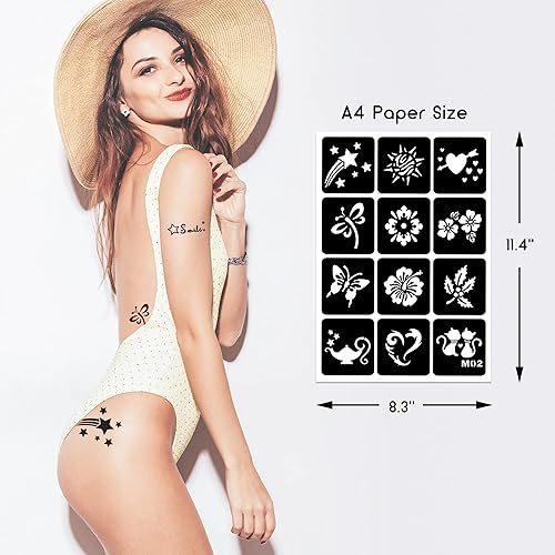 Miniatura 6 de 16 hojas de plantillas de tatuaje de henna reutilizables para mujeres, niñas y niños, más de 220 plantillas de tatuaje, plantilla de tatuaje con