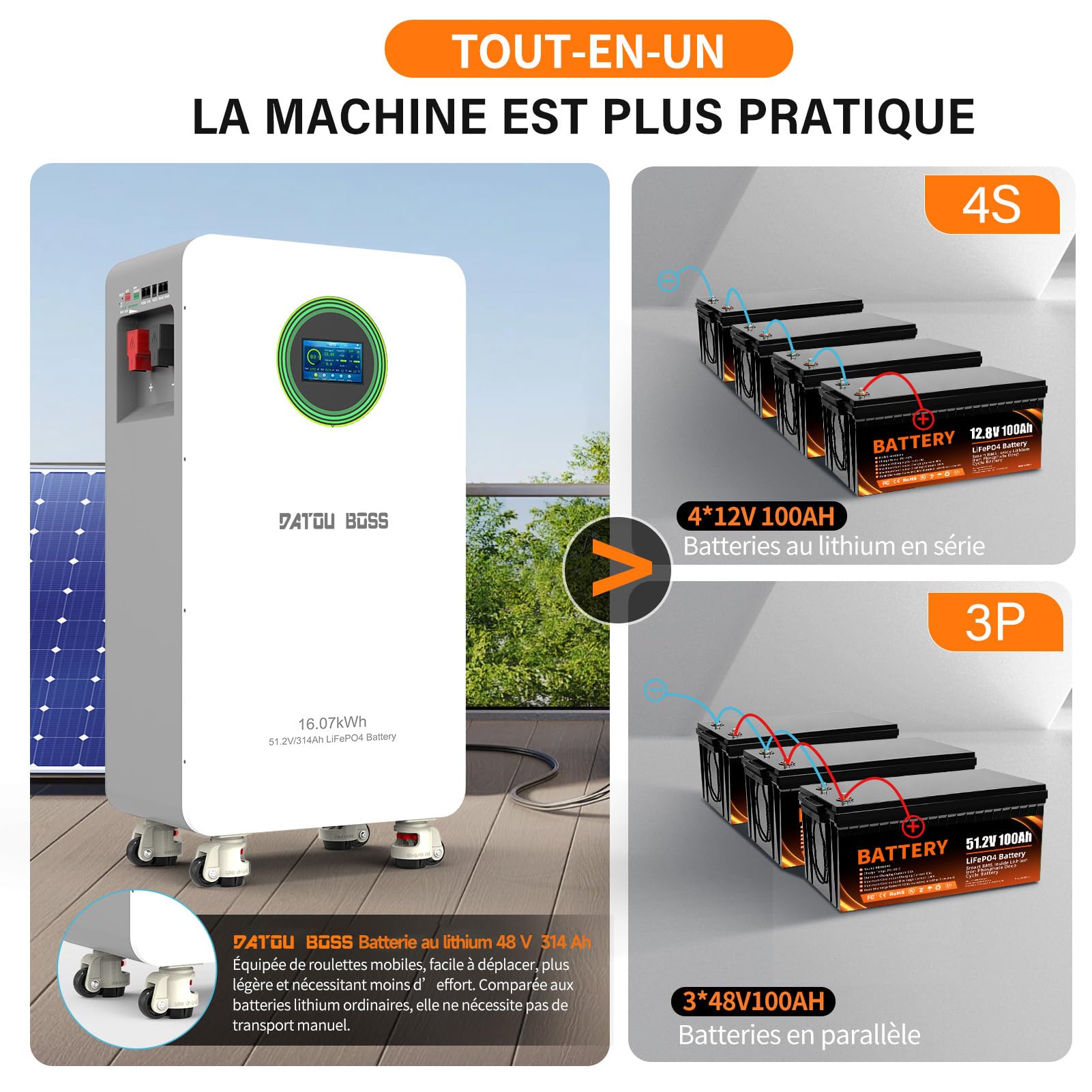 DATOUBOSS Batterie Lithium Fer Phosphate 48V 314Ah 16,07kWh, BMS 200A Intégré Écran LCD, Communication RS485/CAN, Stockage Énergie pour Maison, Système Solaire, Camping-Car et Applications Hors Réseau