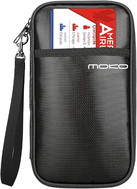 MoKo Fireproof Passport Holder, Family Travel Wallet with Wristlet Strap, Safety Zipper Travel Document Organizer Bag for Storing Tickets, Passports, Cards, Money - Black