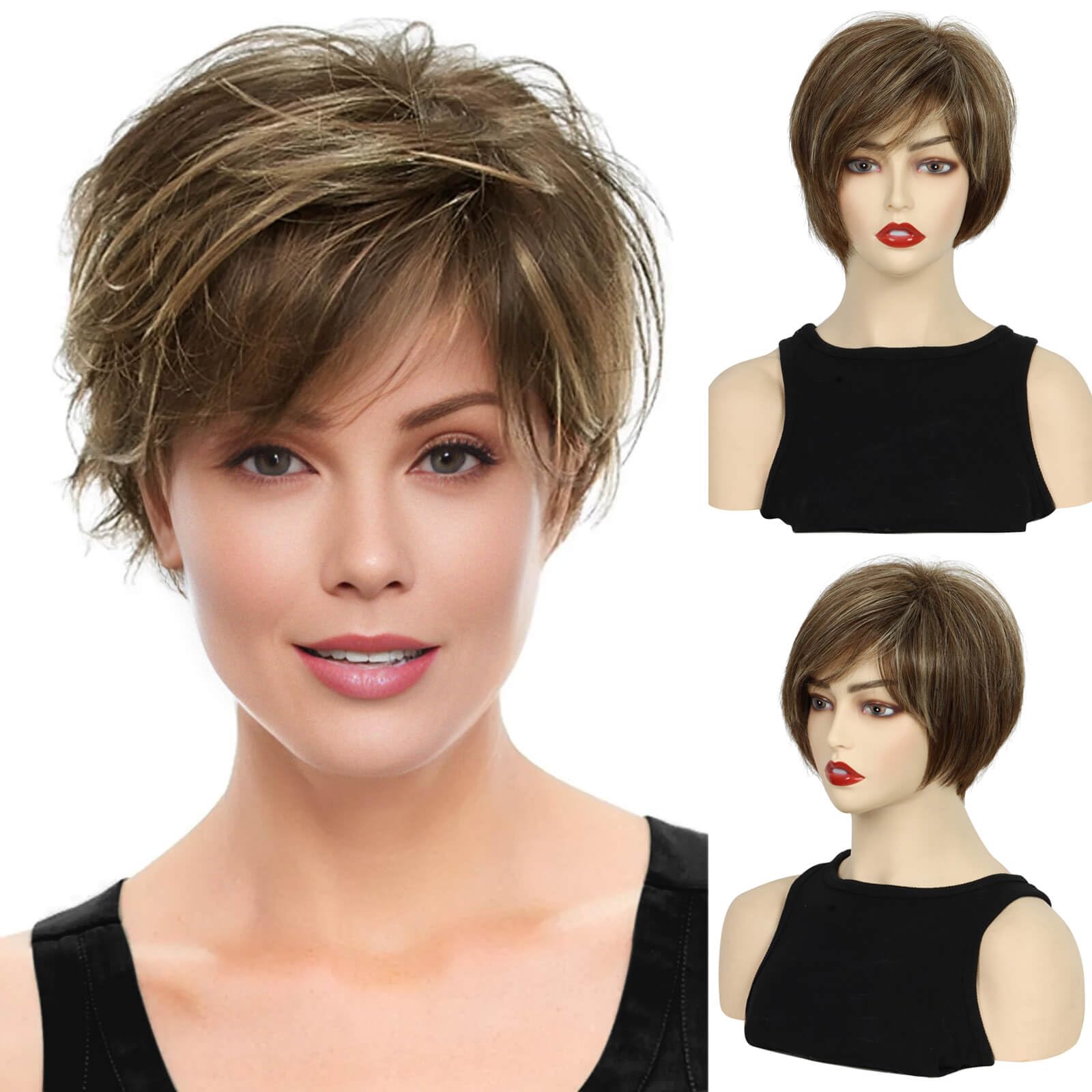 QUEENTASShort Brown Wigs for Women Pixie Cut Layered with Bangs Synthetic Hair Brown Bob Wig Ladies Wigs UK(Dark Brown Highlight Blonde)