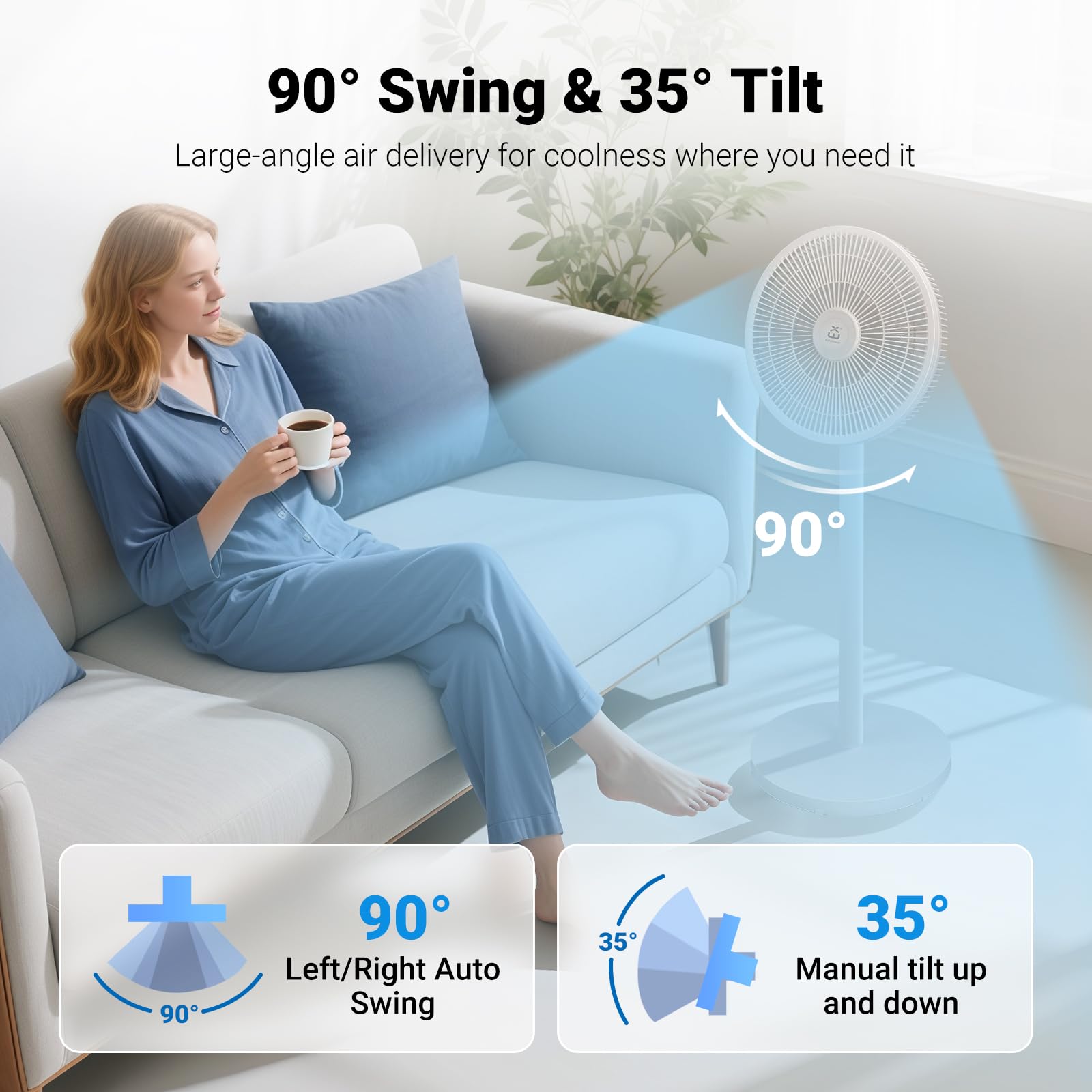 Ventiladores de pie con varilla extraíble, 3 niveles de velocidad, oscilación de 90° + inclinación de 35°, mando a distancia incluido, modo de ahorro de energía de 50W para dormitorio, oficina, salón