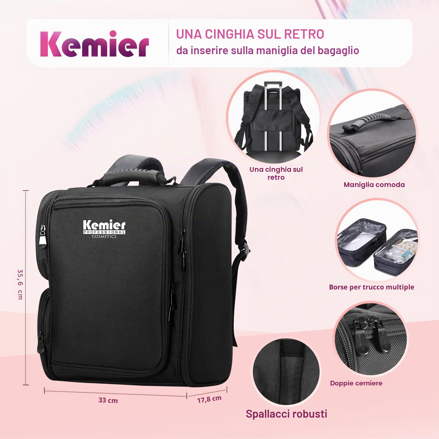 Trucco Borsa Protable Artist Zaino Trucco Custodia da Viaggio Trucco Organizer Bag Trousse da Toilette Borsa Cosmetica con Sacchetti - Nero