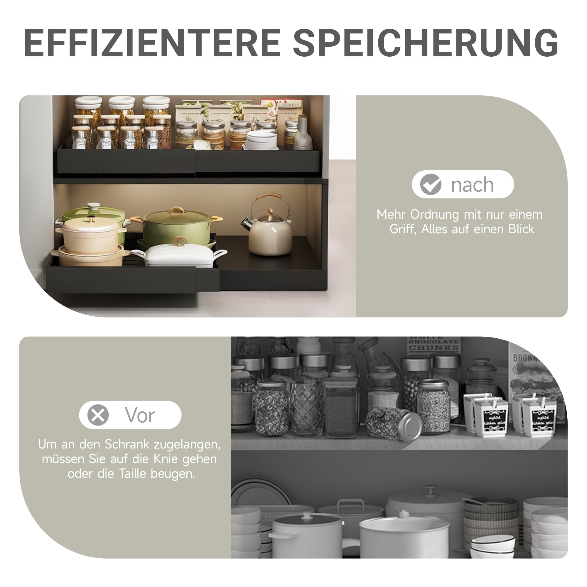 Auszug Küchenschrank 53 cm Tief ohne Bohren 2er-Pack Schubladen organizer Kohlenstoffstahl Teleskopschublade erweiterbare Breite 31-52 cm schwarz