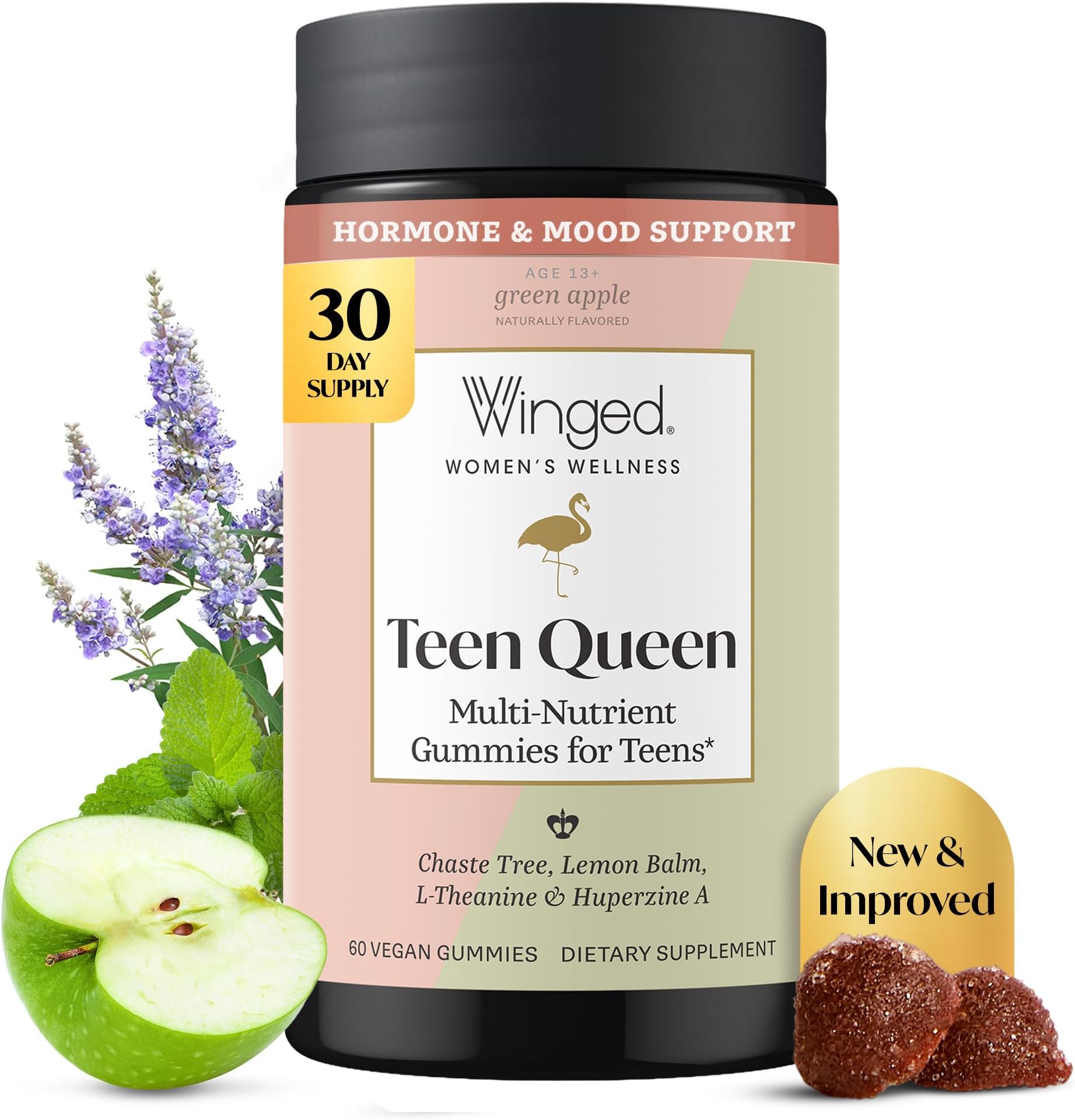 Winged Wellness Teen Queen, Multivitamin Gummies for Teen Girls, 60 Gummies | Teen Multi-Vitamins for Mood & Hormonal Health, Vegan Gummy Supplement - Chaste Tree, Lemon Balm, L-Theanine, & Huperzine A