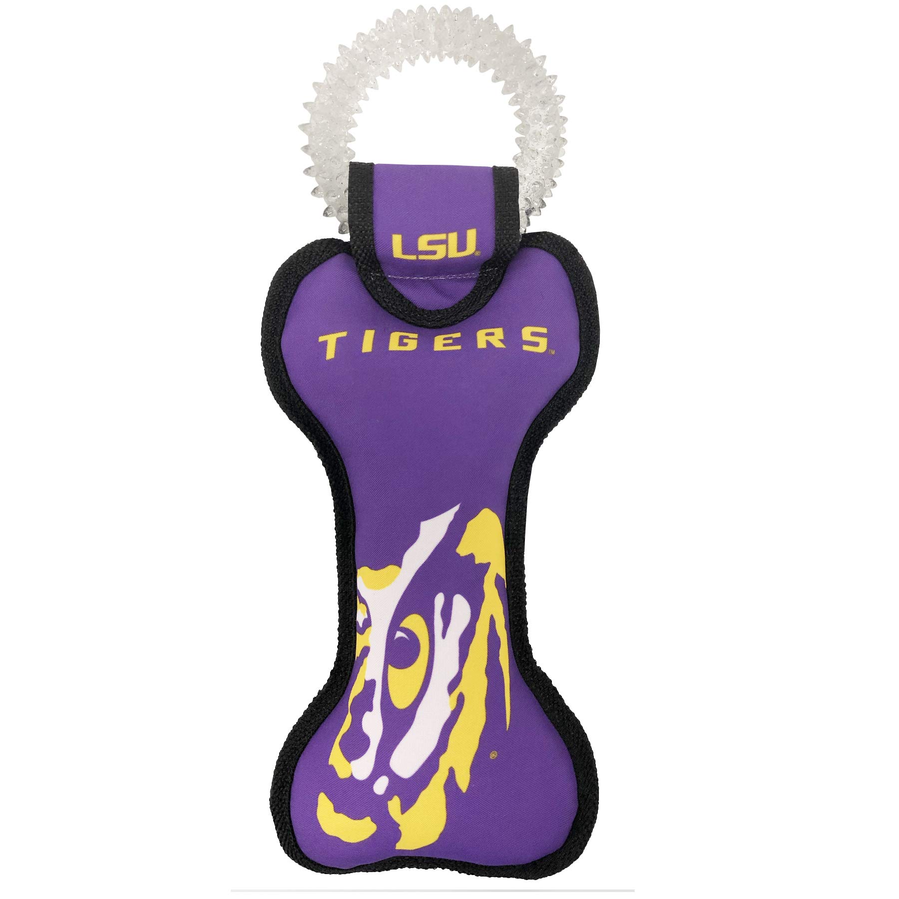 Pets FirstNCAA LSU Tigers Dental Dog TUG Toy with Squeaker. Tough PET Toy for Healthy Fun, Teething & Cleaning Teeth & Gum.
