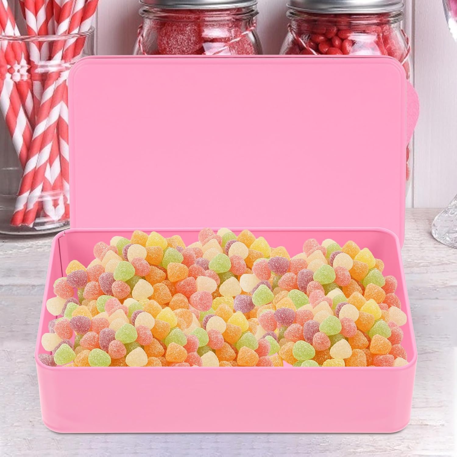 SECFOU 3pcs Pink Tinplate Storage Boxes Rectangle Containers with Lid for Home Organization and Candy Storage, Good Sealing to Keep Items Clean and Safe