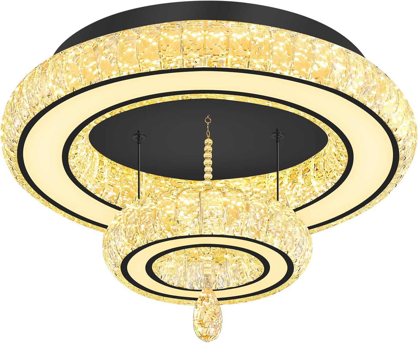 Glam Crystal Ring Chandeliers for Living Room Black 20in Modern Led Flush Mount Chandelier with K9 Crystal Raindrop