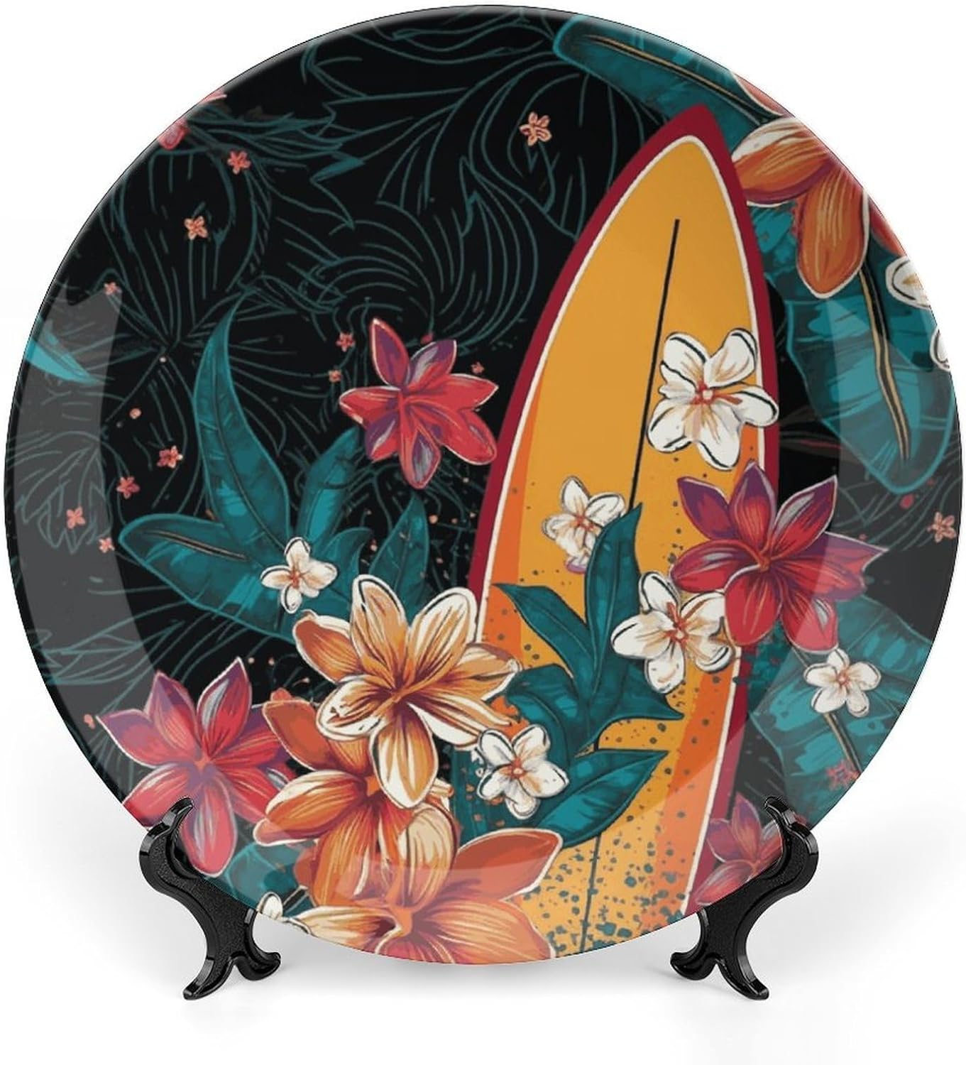 Surfboard And Flowers Bone China Decorative Plate with Display Stand, Ceramic Ornaments Plate for Wall Hanging, Personalized Porcelain Plates for Office, Living Room 8inch