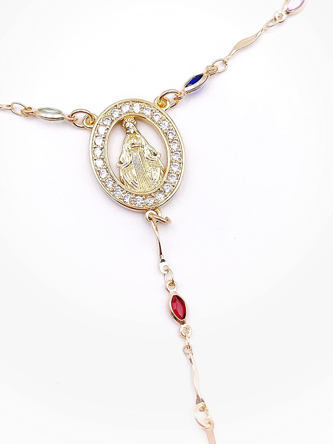 SIFRIMANIA Rosary Lariat Y Necklace with Virgin Connector and Cross, Colorful Crystal Catholic Chain Necklace, 18K Gold Plated Design