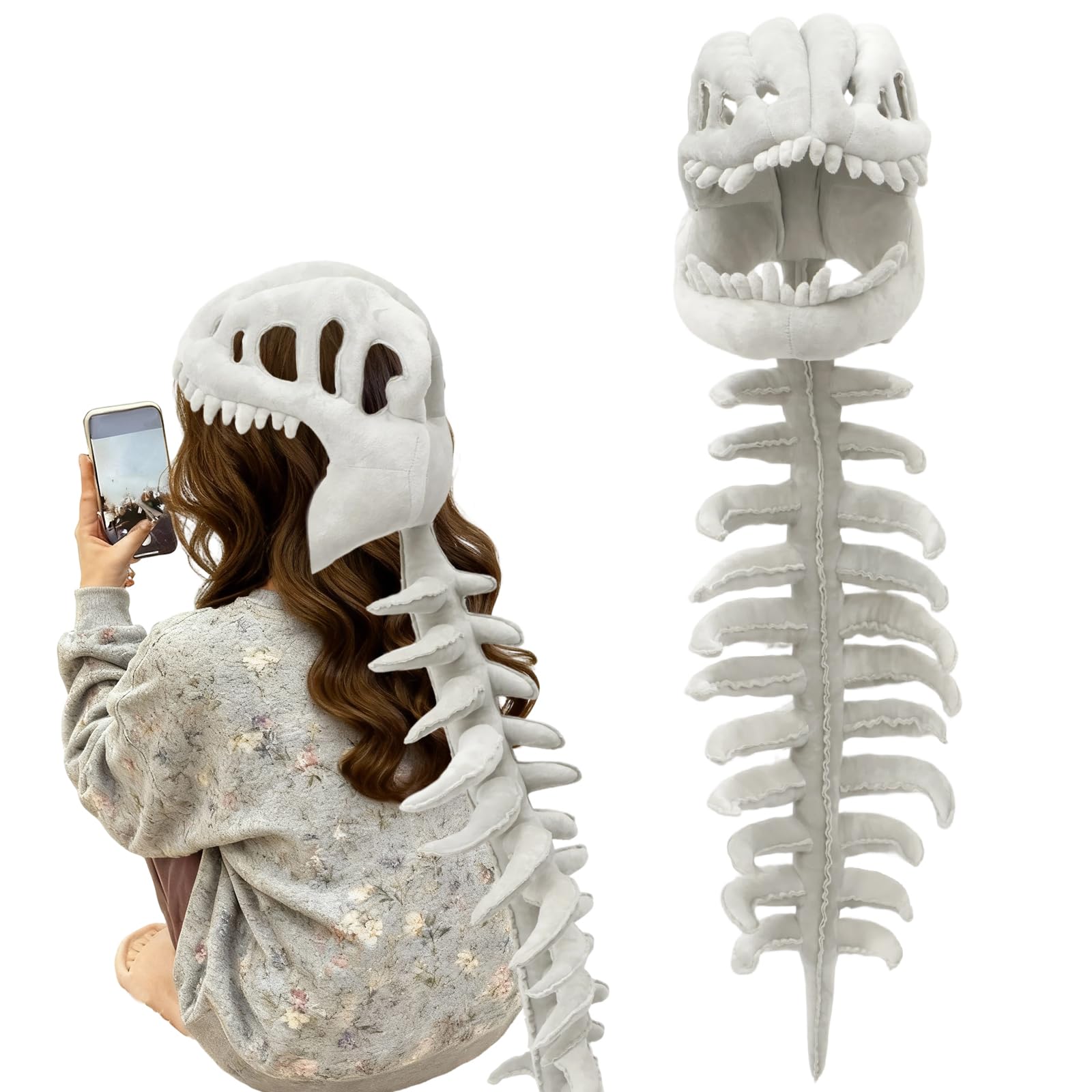 Realistic Dinosaur Skeleton Costume Set Spinosaurus Plush Dino Outfit Halloween Dinosaur Skull Headpiece and Spine Costume Fun Wearable Soft Fossil Outfit for Adults and Kids Fancy Dress Parties