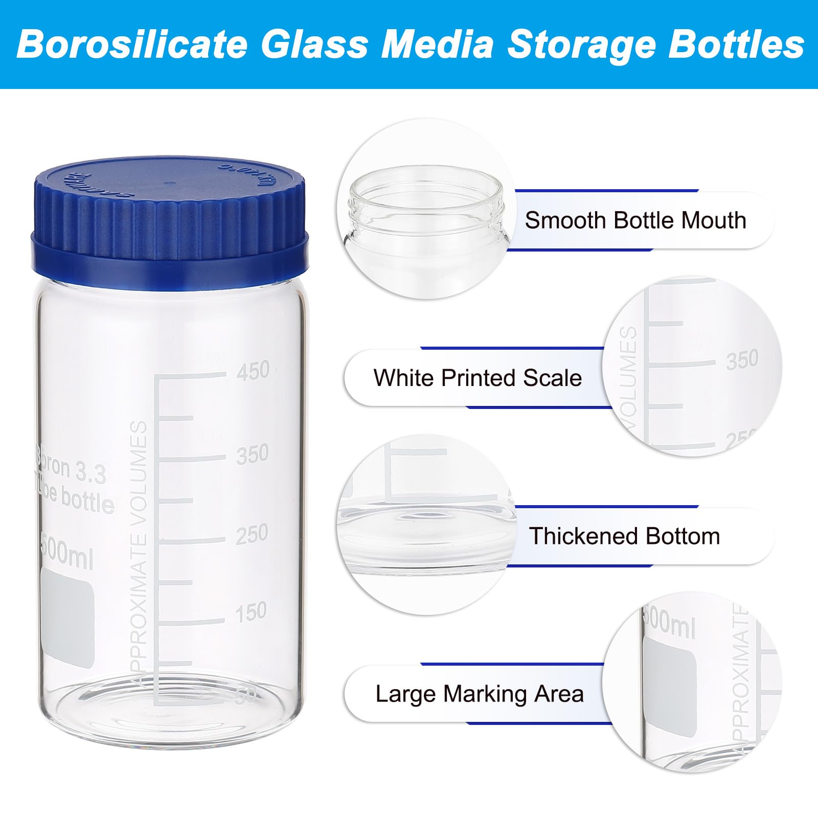 PATIKIL 6 Flaconi Da Laboratorio Per Reagenti, 500ml Borosilicato Bocca Larga Con Misura Graduata E Tappo A Vite GL32 Blu Per Liquidi Reagenti, Trasparente