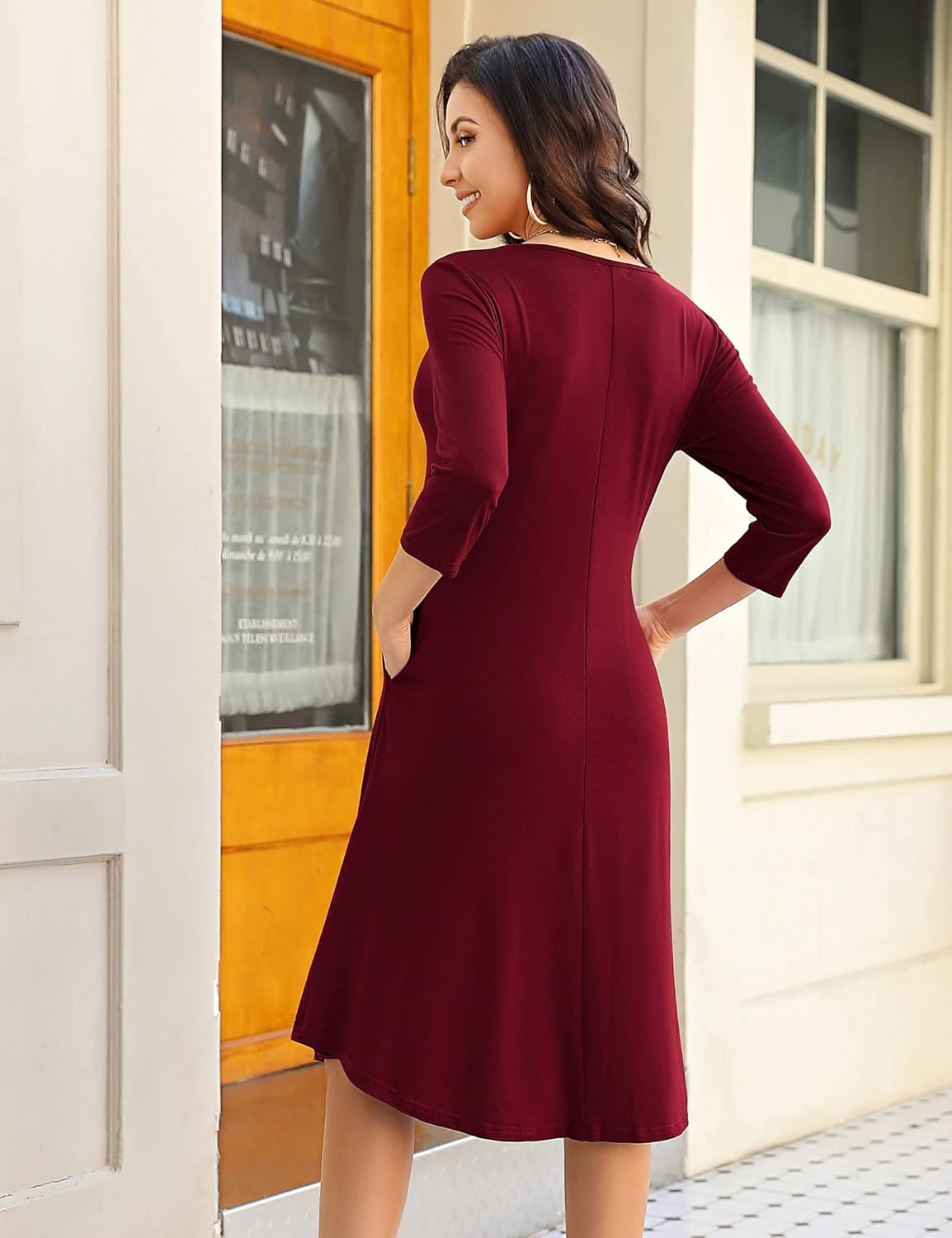 MISSKY Women's Scoop Neck 3/4 Sleeve Loose Midi Casual Dress with Pockets (S,Wine) - Image 3