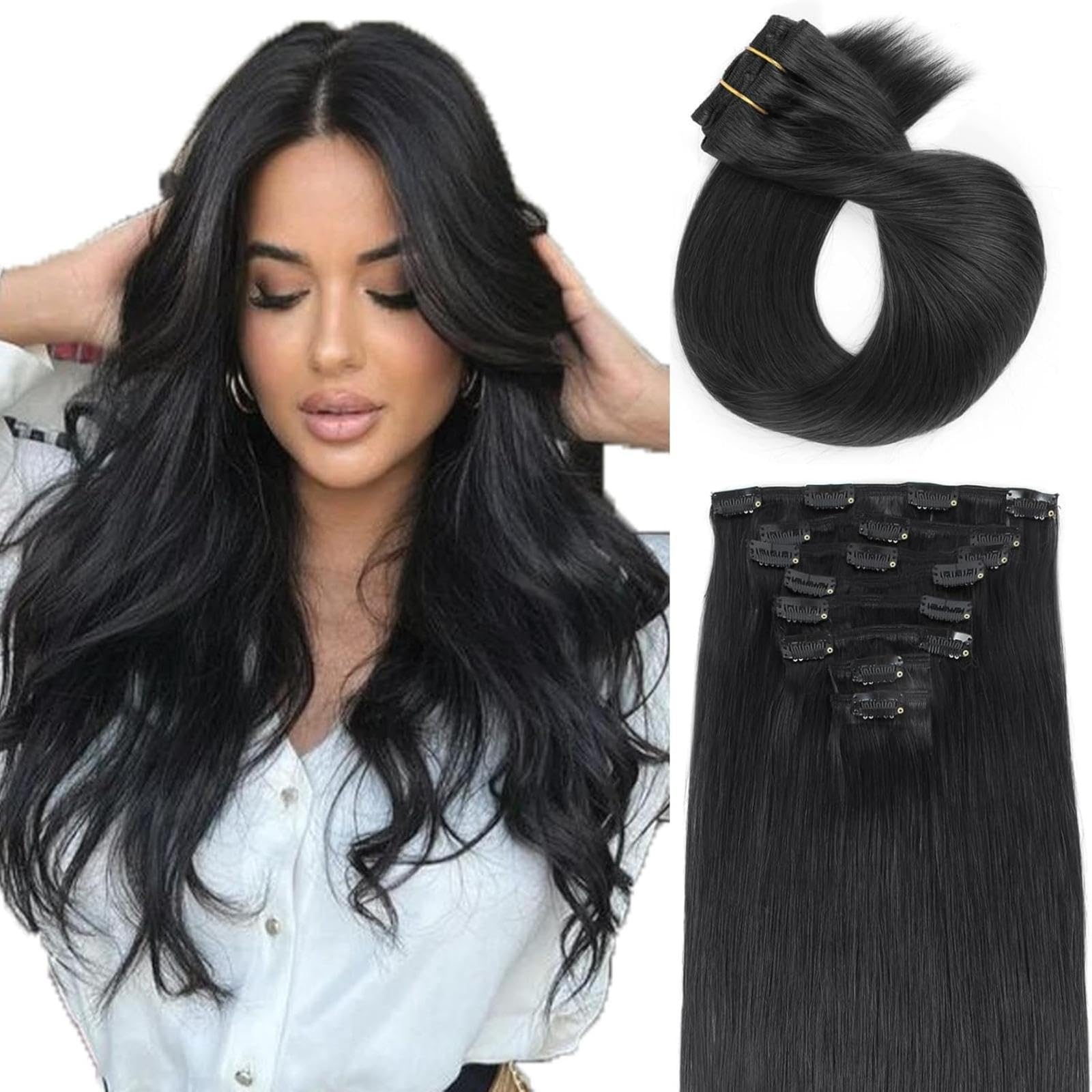 ABH AMAZINGBEAUTY HAIR Clip in Hair Extensions Human Hair Straight Hair Extensions Clip ins Full Head Double Weft Jet Black Clip in Extensions 18 Inch