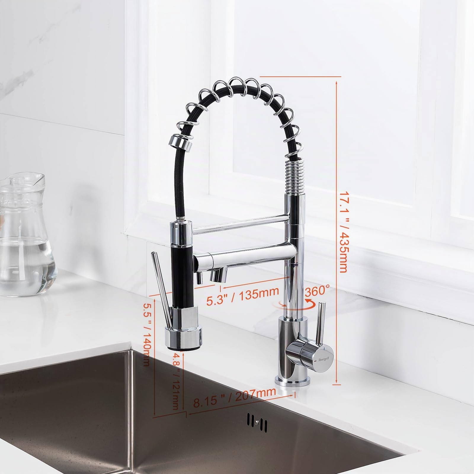 Ibergrif M22144, Kitchen Mixer Tap with 2 Jets, Professional Kitchen Mixer Tap with Two Spouts, Stainless Steel, Chrome, Silver