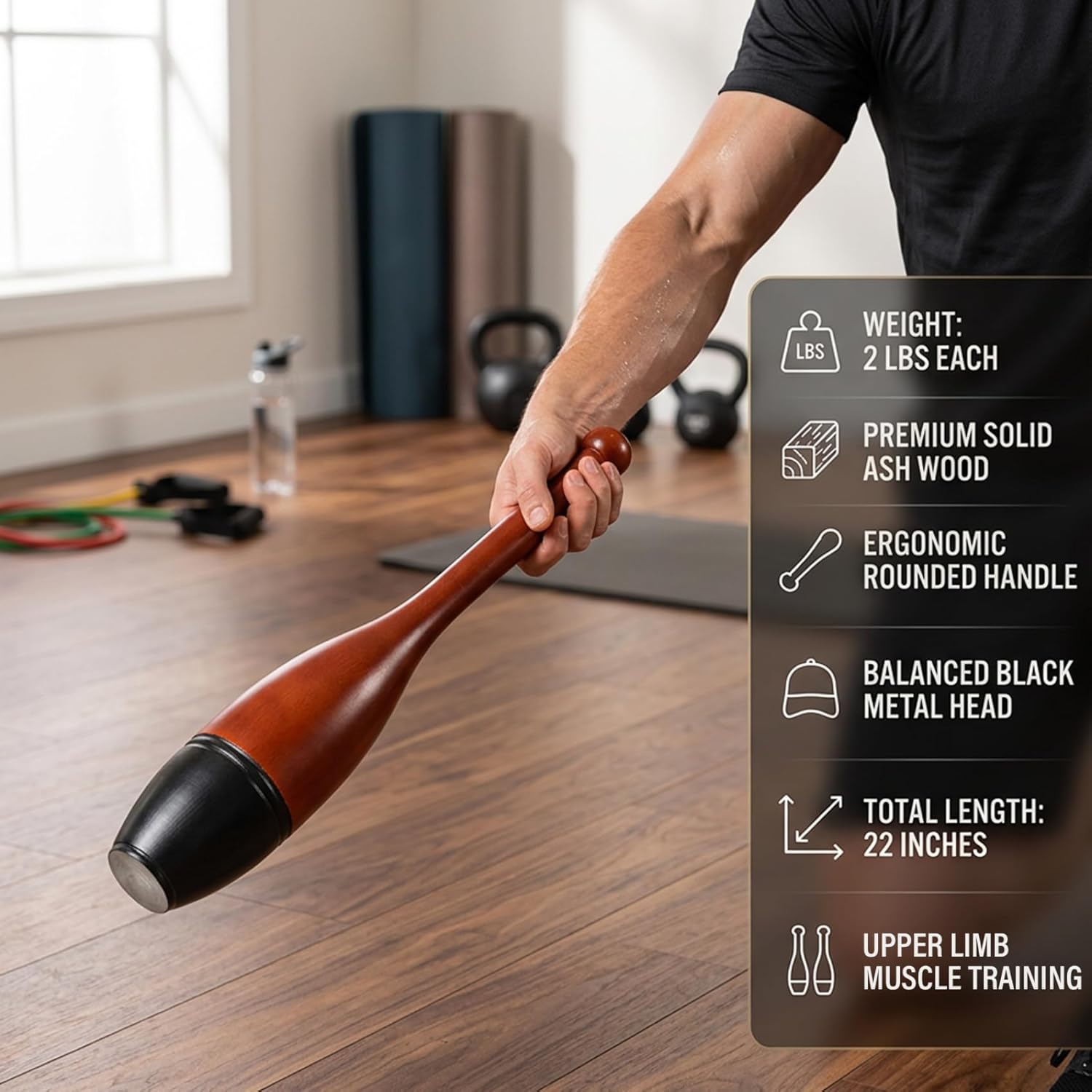 2LB Indian Exercise Clubs, Wooden Macebell with Ergonomic Handle for Home Gym, Weighted Workout Bar for Grip & Upper Body Exercise