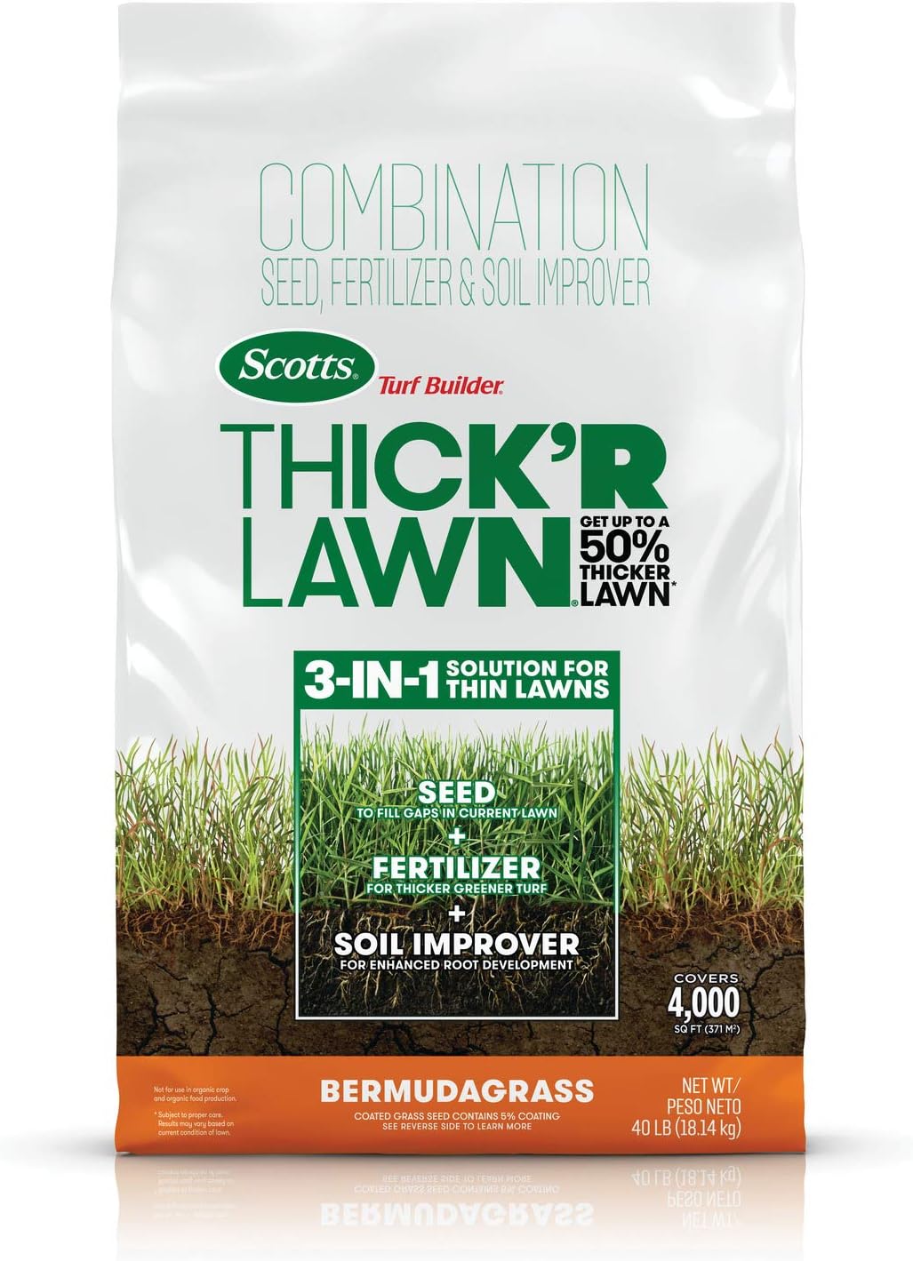 Scotts Turf Builder THICK'R LAWN Grass Seed, Fertilizer, and Soil Improver for Bermudagrass, 4,000 sq. ft., 40 lbs.