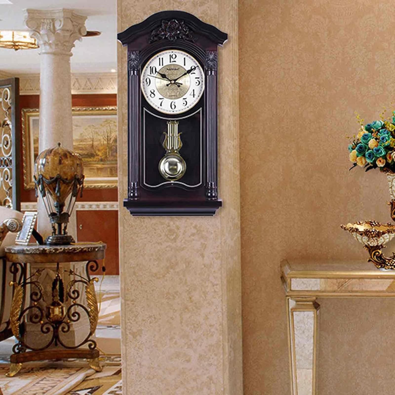 Reloj de Pared con péndulo y campanadas, Relojes de Pared Europeos Vintage con péndulo oscilante, Funcionamiento silencioso a Pilas, Ideal para salón, repisa de Chimenea y estanterías.(Red)