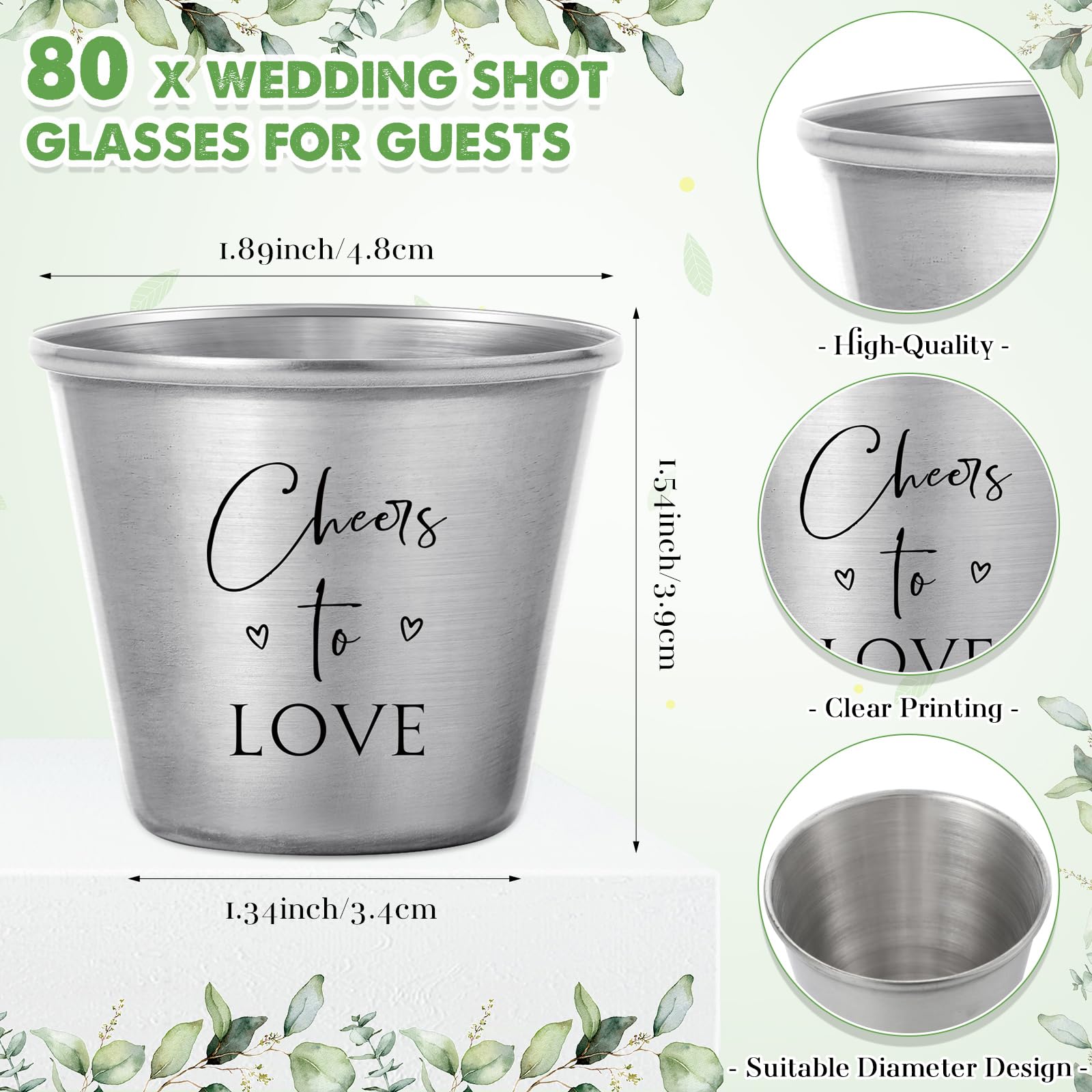 Uiifan Set di 80 bicchieri da shot per matrimoni, in acciaio inox, con sacchetti di organza, per ospiti, matrimoni, sposi novelli, addio al nubilato