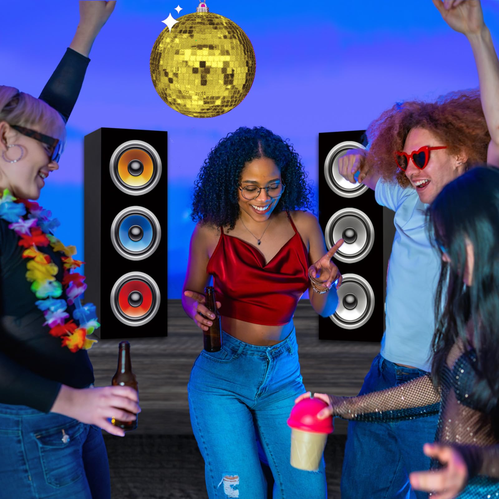 4 szt. dekoracje imprezowe w stylu lat 80. i 90., hip-hopowe, duże papierowe pudełka Boombox do retro lat 80. i 90., tematyczna muzyka, neonowa dekoracja, 4 x 15 x 15 cm (różne kolory)