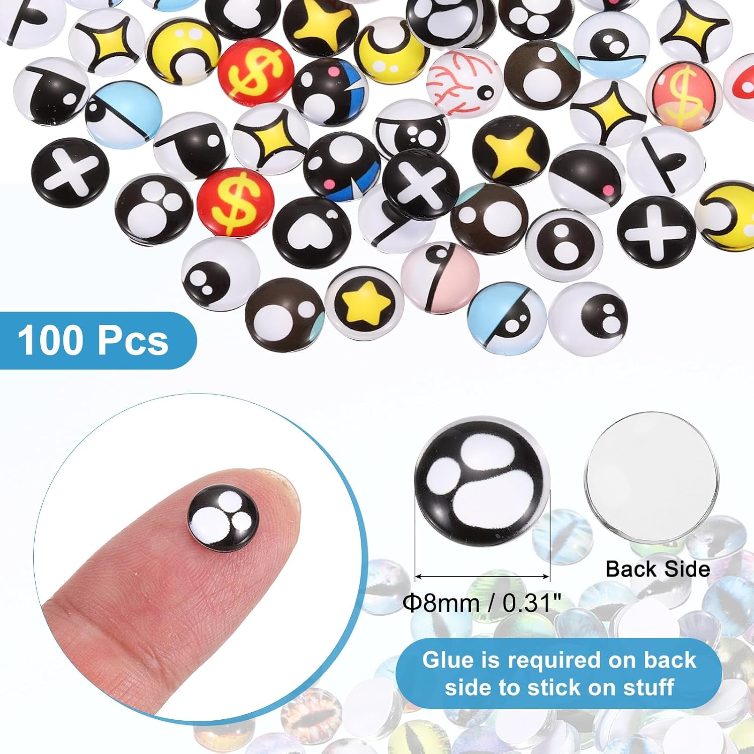 PATIKIL 100 Pcs Glass Craft Eyes, 8mm Cabochon Kawaii Doll Craft Eye for Clay Animals Handicrafts DIY Jewelry Projects, Blue/Black/White/Yellow/Red (215#)
