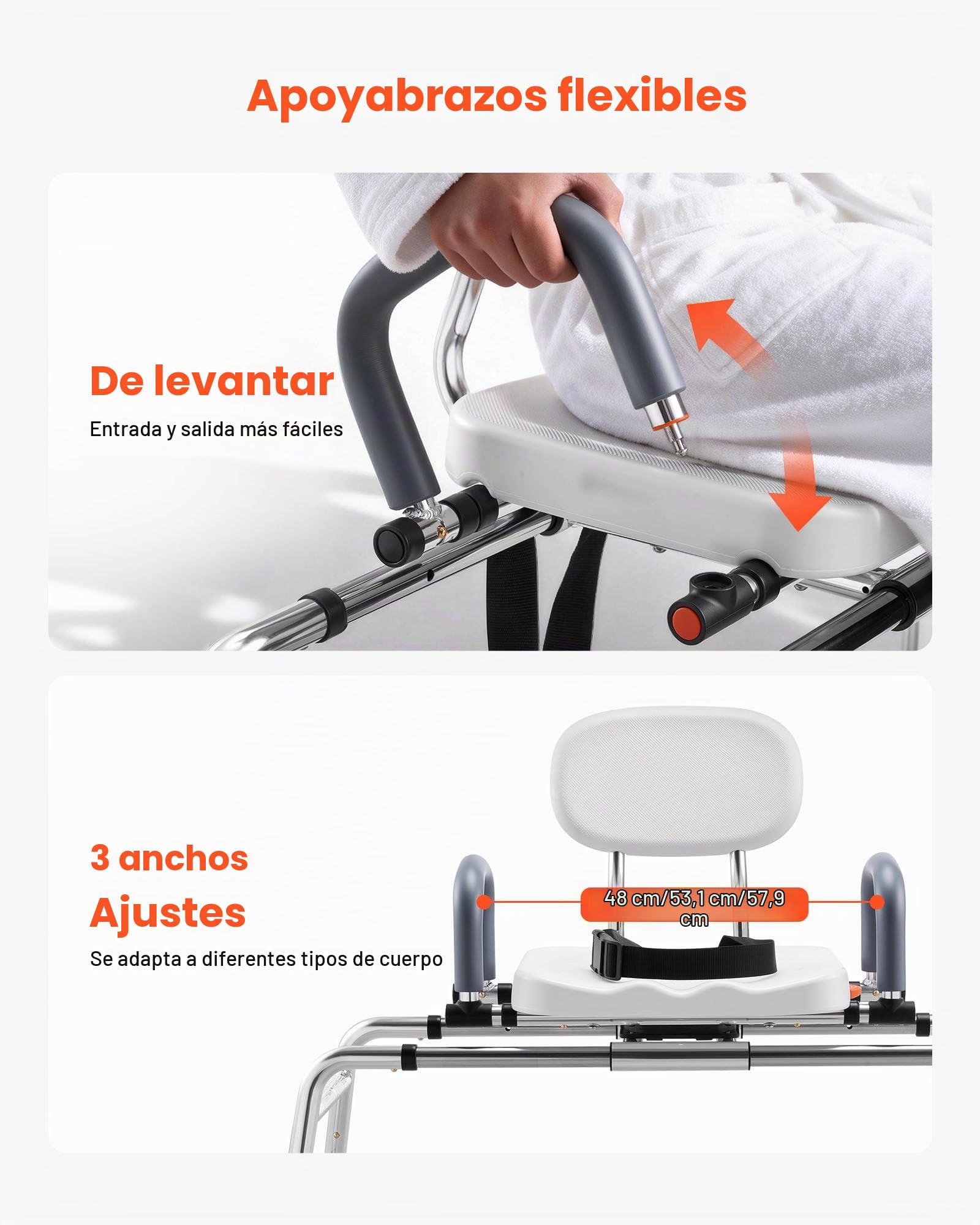 VEVOR Asiento de Bañera Deslizante Carga de 180 kg, Silla de Ducha con Asiento Giratorio, Banco de Transferencia de Bañera con Brazos y Respaldo, Altura y Ancho Ajustables, para Personas Mayores
