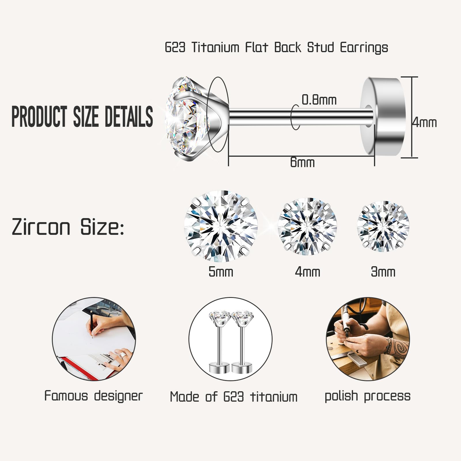 Artskin 3 paia di orecchini in titanio cubuic con zirconi per donne e uomini, orecchini a perno ipoallergenici, piatti, in argento, per ragazze, set da 3 mm e 5 mm