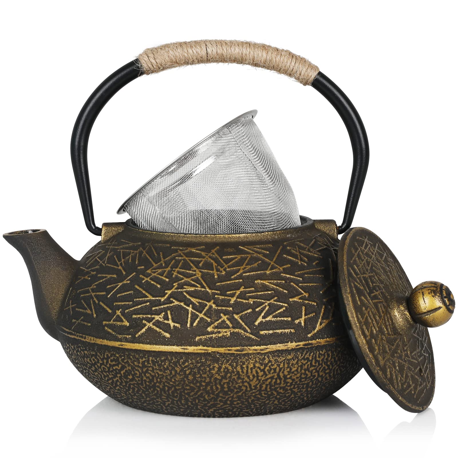 Ufine Pine Needle Cast Iron Teapot with Stainless Steel Infuser, Stovetop Cast Iron Tea Kettle Japanese Tetsubin, Enameled Interior (28oz, Bronze)
