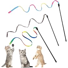 Amaxiu Cat Wand Toy Set, Interactive Cat Wand Toy with Rainbow Ribbon String, Leopard Print Cloth String for Small Cats Kittens Indoor Training Catcher 3 Packs