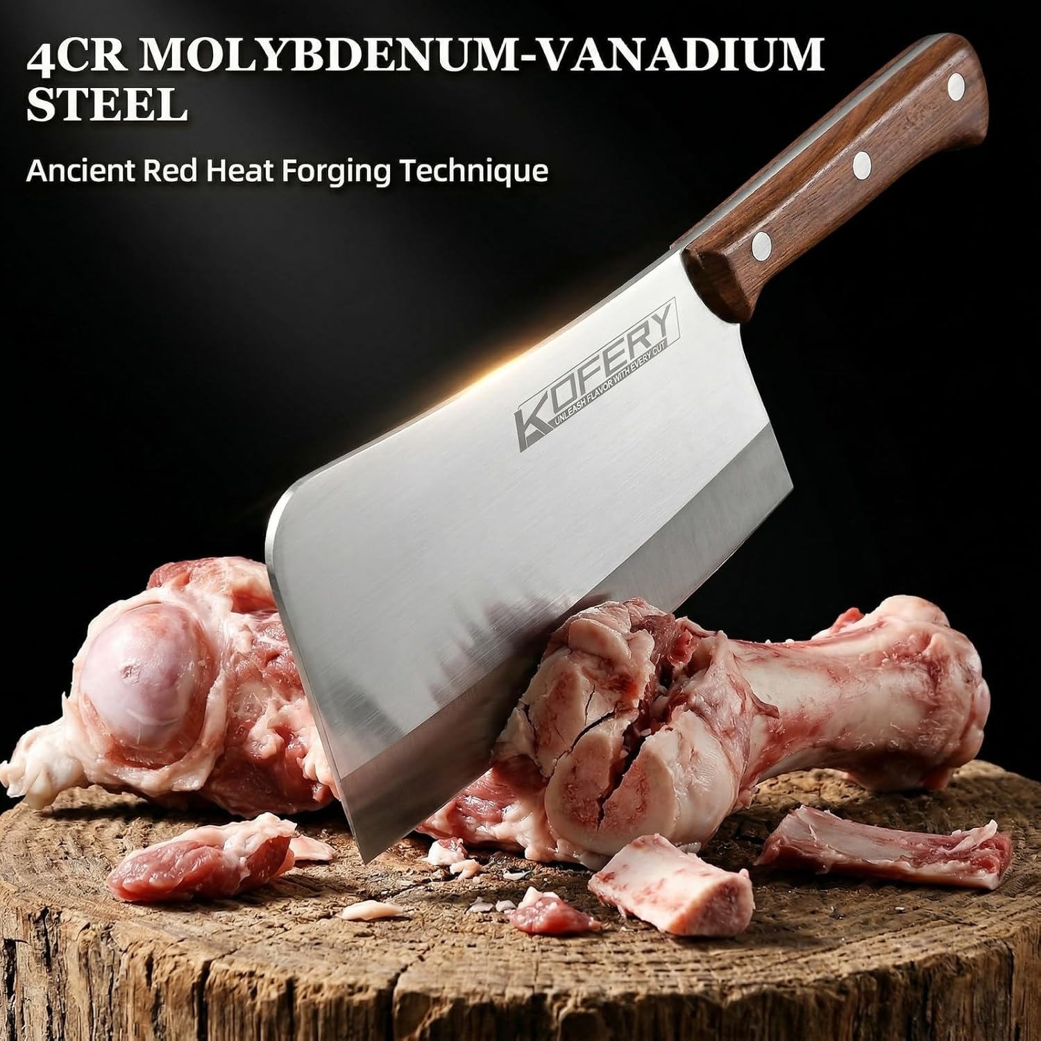 KOFERY 8.7-Inch Heavy Duty Meat Cleaver, Professional Butcher Knife and Large Bone Cutter, 7.5mm Thick Spine Full Tang Stainless Steel with Rosewood Handle, Commercial Chopping