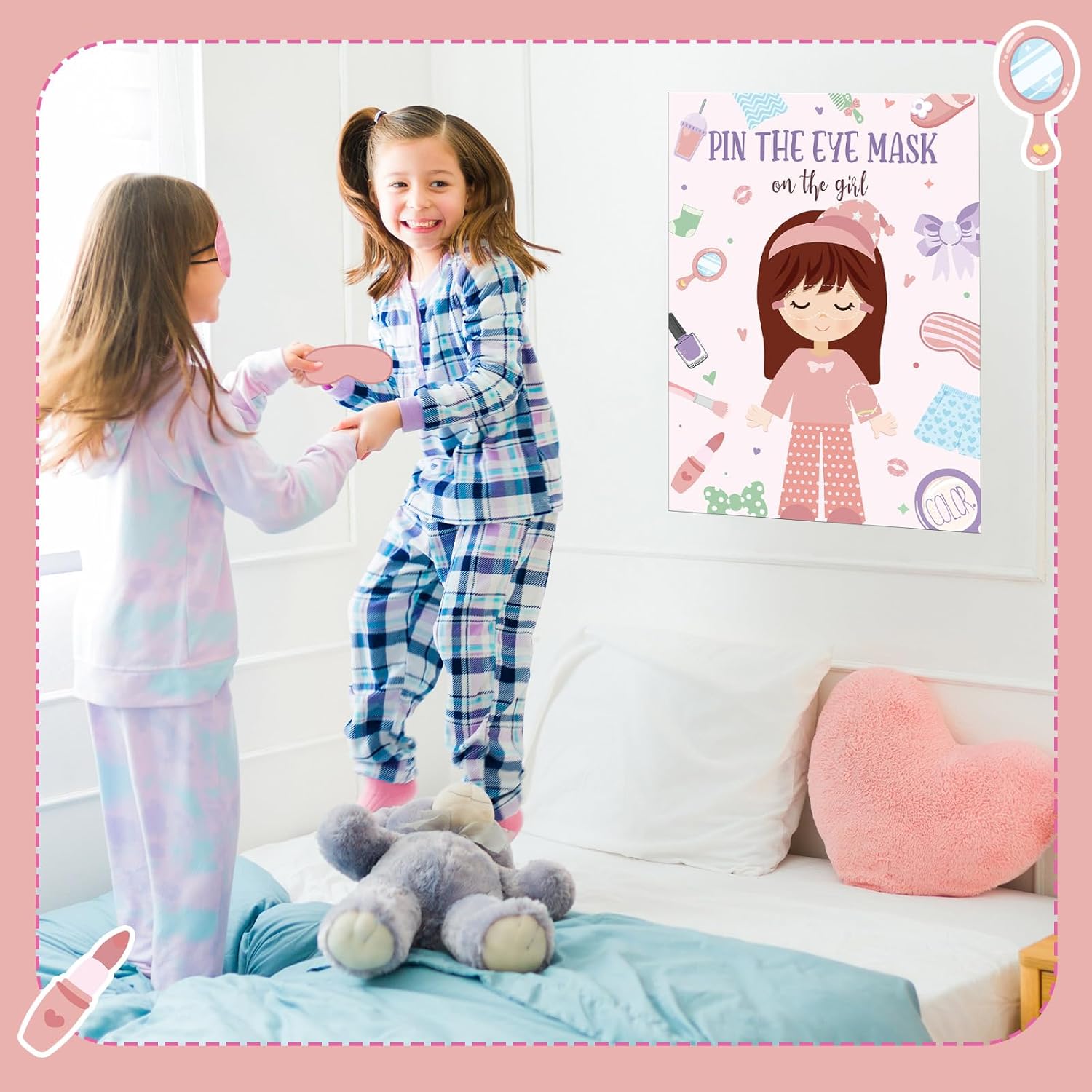 Mooliwe 26 Pcs Sleepover Slumber Party Games Pin the Blindfold on the Girl Pajamas Poster Stickers Games Decor for Sleepover Slumber Party Night Supplies