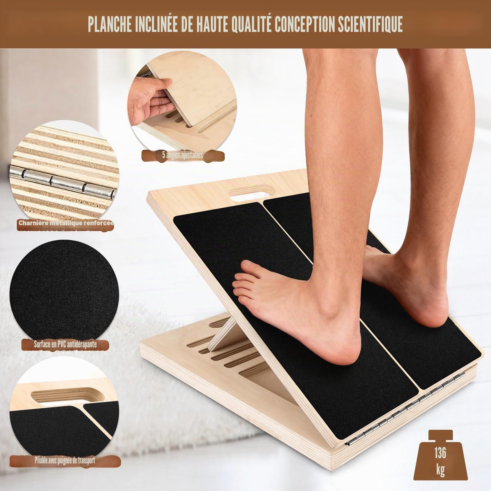 Planche d’Étirement Inclinée Réglable en Bois 40×30×4,5 cm avec 5 Bandes de Résistance – Planche Fitness Antidérapante pour Squats, Mollets & Rééducation – Inclinaison pour Yoga, Pilates et Kinésithér