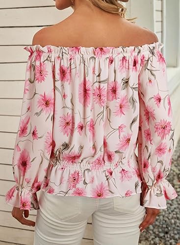 Miniatura 2 de BLENCOT Blusas de verano sexy con hombros descubiertos para mujer, mangas con volantes estilo bohemio, camisas de gasa floral