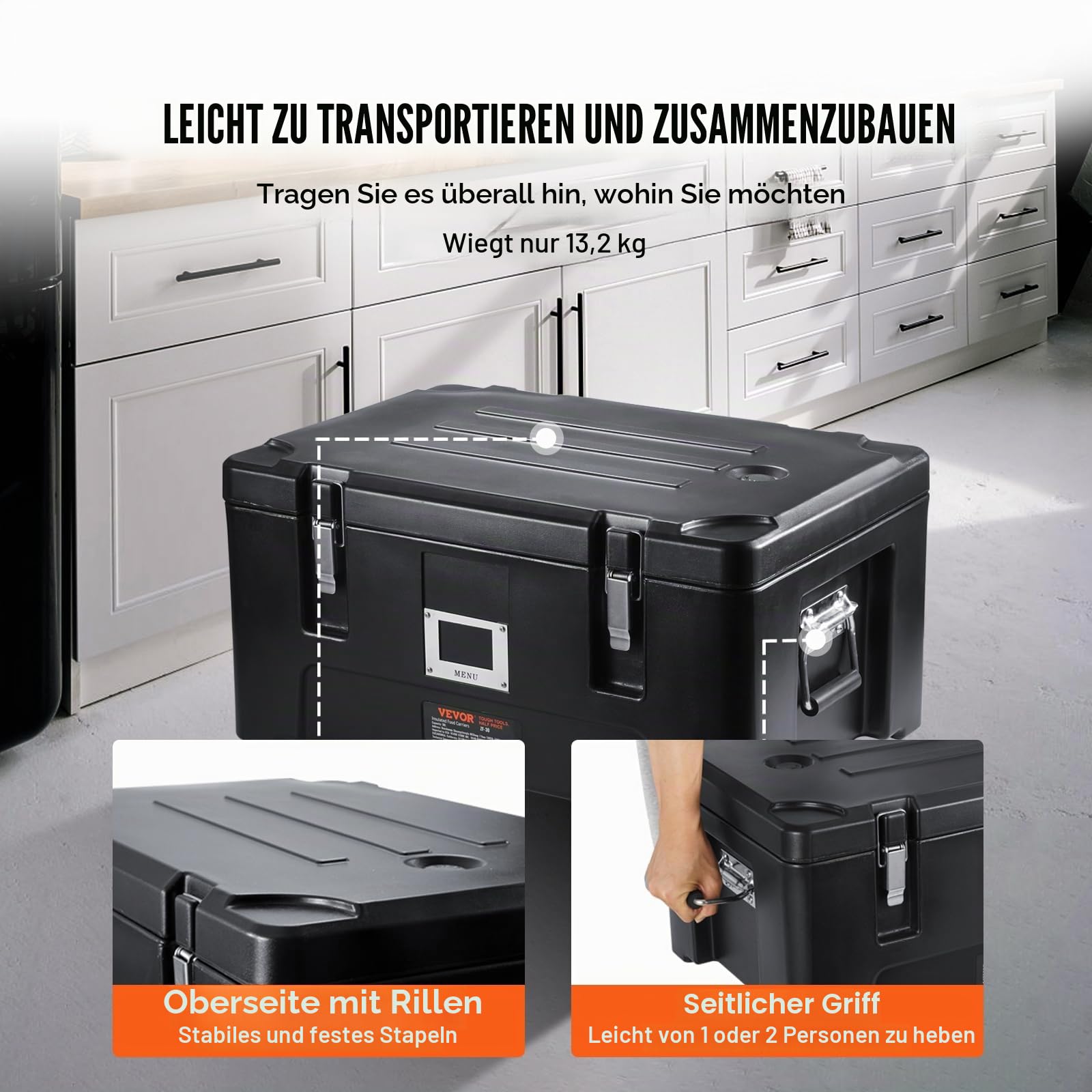 VEVOR Isolierter Thermobox Isolierbox Lebensmittelbehälterträger, 30 L für Catering, Tragbare LLDPE-Lebensmittelbehälterträger, Schwarz Frontlader-Speisewärmer für Restaurant, Kantine usw.
