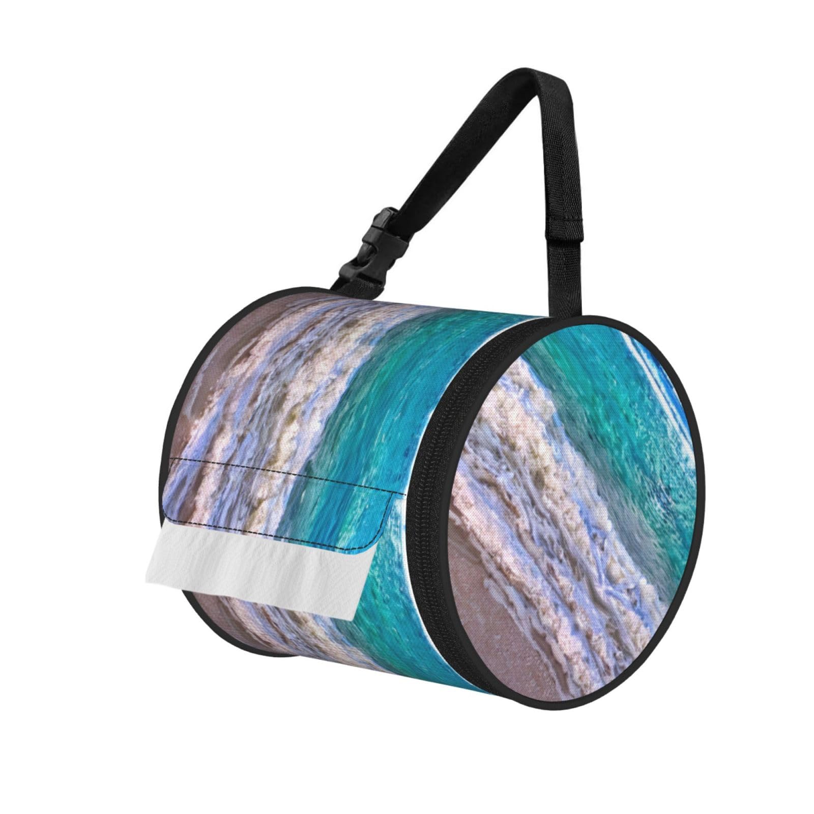 Jiuty Black White Beach Tropical Sea Print Cylinder Tissue Organizer Bag With Strap, Portable Toilet Roll Holder For Camping Car