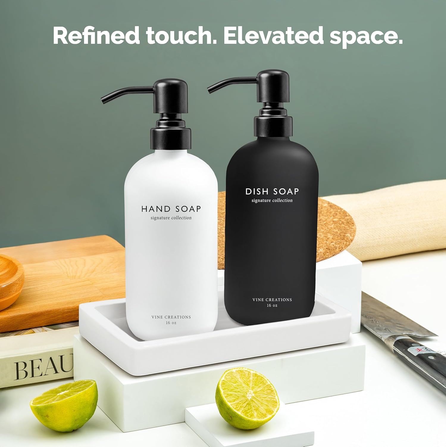 Vine Creations Glass Soap Dispenser Set, Kitchen Soap Dispenser Set with Ceramic Tray, 16 oz Dish Soap and Hand Soap Dispensers with Stainless Steel Pump Decor (White and Black Bottles/Matte Black) - Image 6