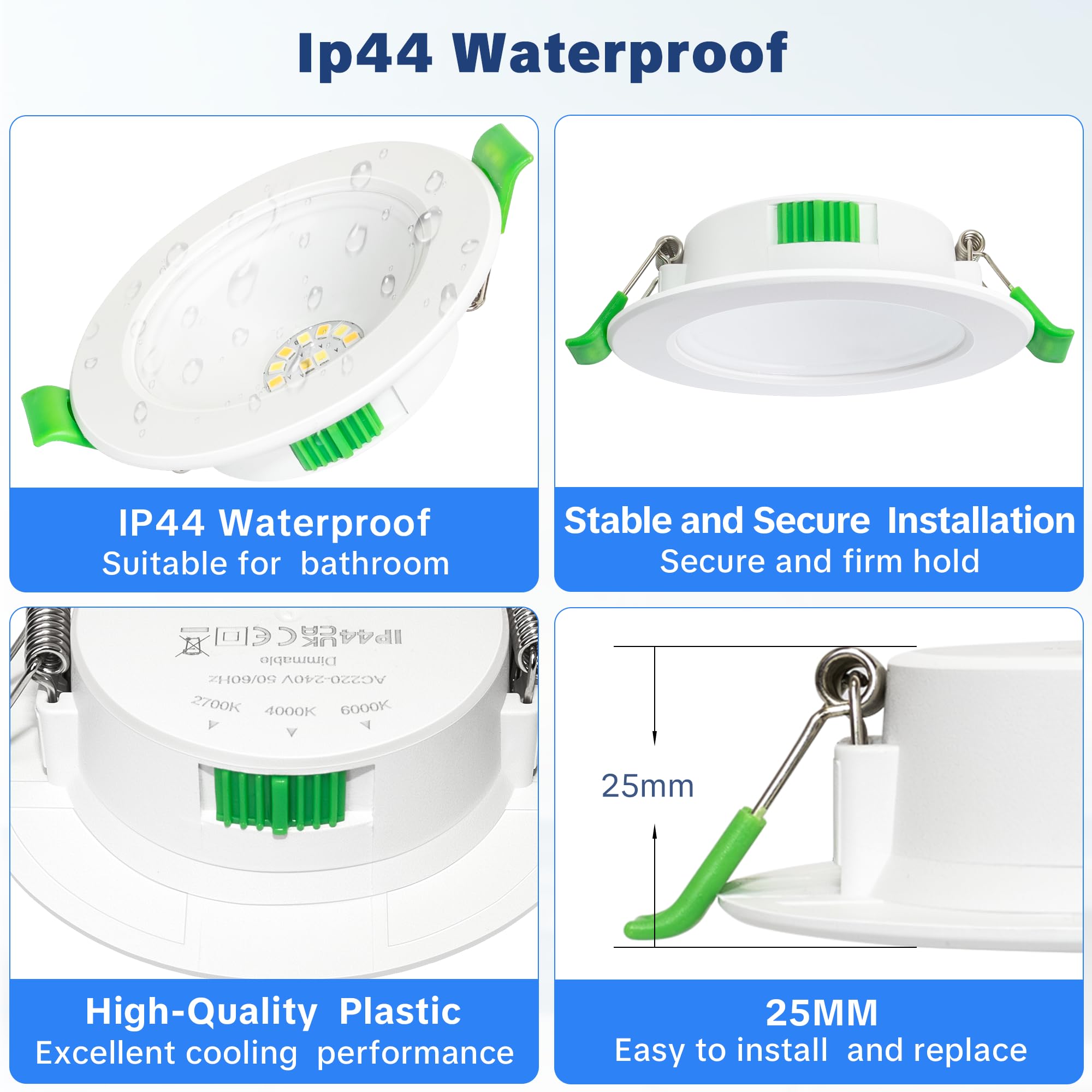 LED Einbaustrahler 230V Dimmbar 6er Set, 5W Ultra Flach Spots Deckenleuchte, LED Spot 230V 3CCT mit IP44 Wasserdicht für Badezimmer Küche Wohnzimmer, Ø68-75mm Lochmaß, Weiß