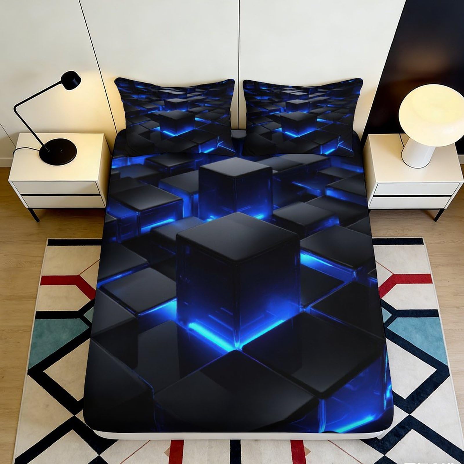 3D Printed Neon Cube Fitted Sheet Microfiber Black Blue Geometric Mattress Cover for Bedroom Dorm Decor 90x200x25cm