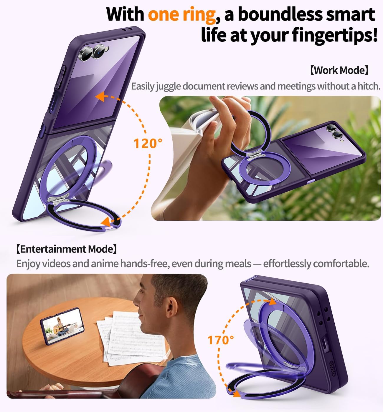 【360° Spin Magnetic Stand】 Case for Galaxy Z Flip 7 【Fit for MagSafe & Pixelsnap】 Cover with Ring Holder 【No-Yellow Crystal Clear】 Camera Protection Phone Samsung Galaxy Z Flip 7 Case - Purple