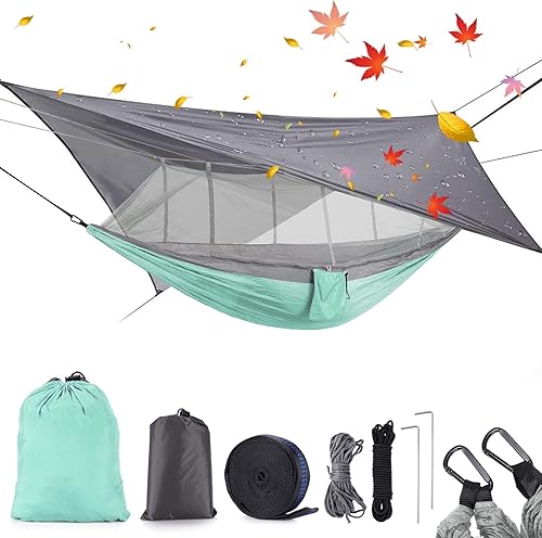MIFXIN - Hamaca de nailon con mosquitero, toldo de tienda de campaña, correas para árbol, portátil y bolsa de almacenamiento para acampar,
