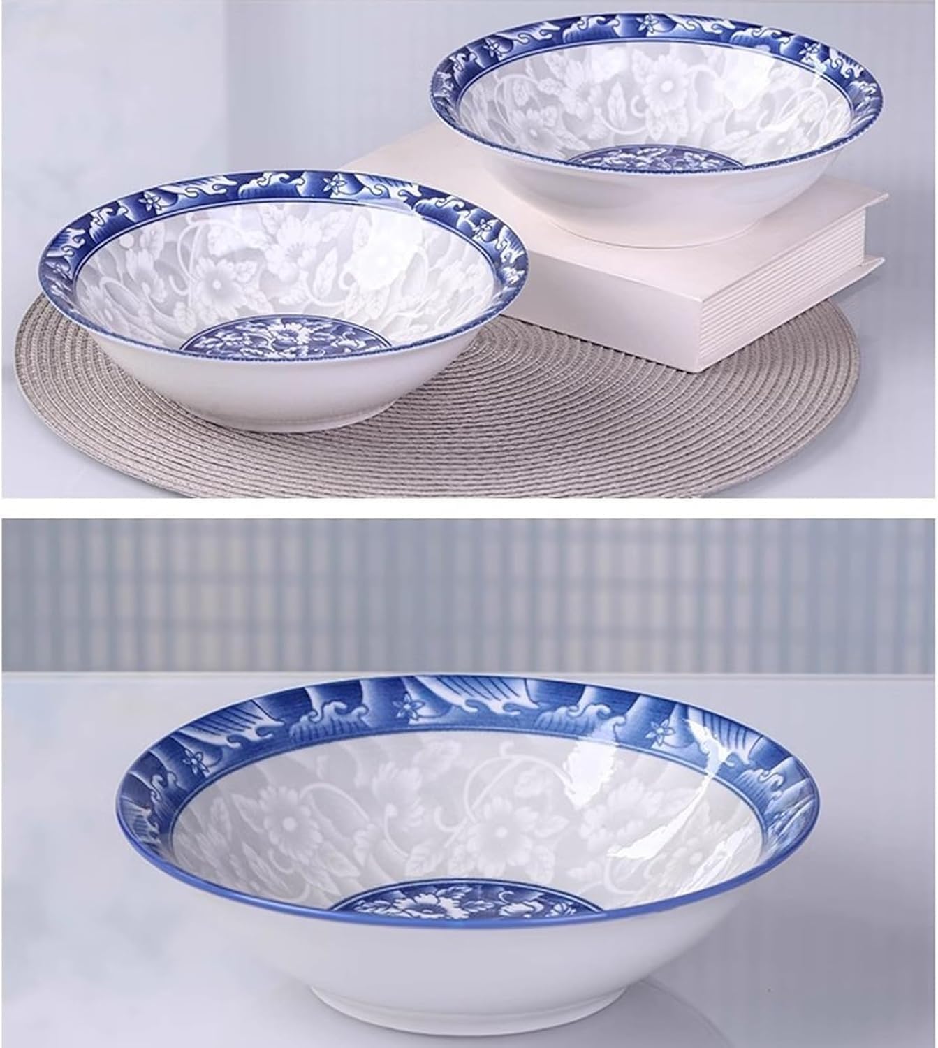 10 sztuk niebieskich i białych porcelanowych misek do zupy, duże ceramiczne miski na makaron Lamian, kolor podszkliwny do użytku w kuchence mikrofalowej i zmywarce, zestaw misek sałatkowych(8 In)