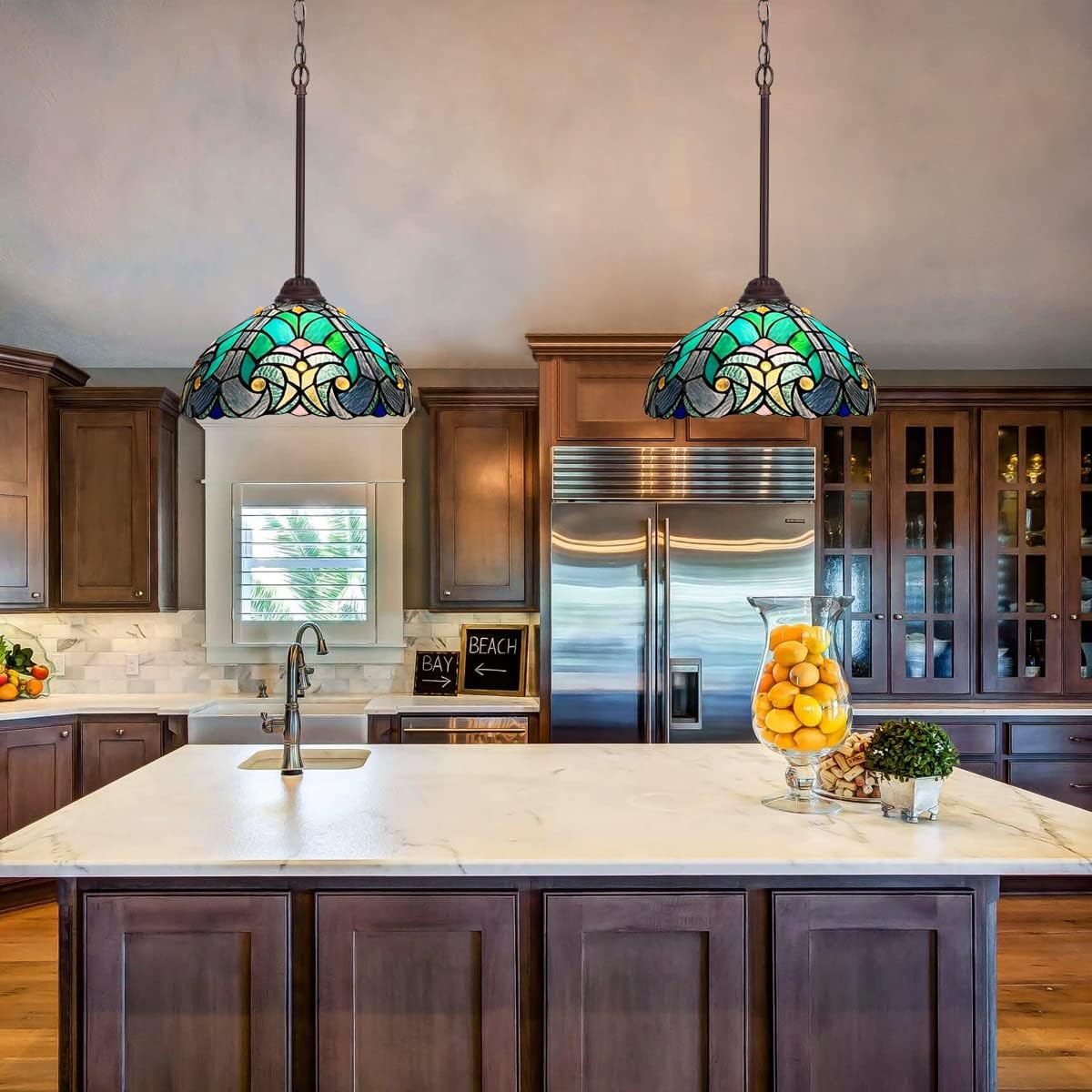 Tiffany Pendant Light fixtures 12" Wide Sea Green Stained Glass Pendant Lighting Vintage Style 1 Light Hanging Lamp for Kitchen Dining Room and Bar