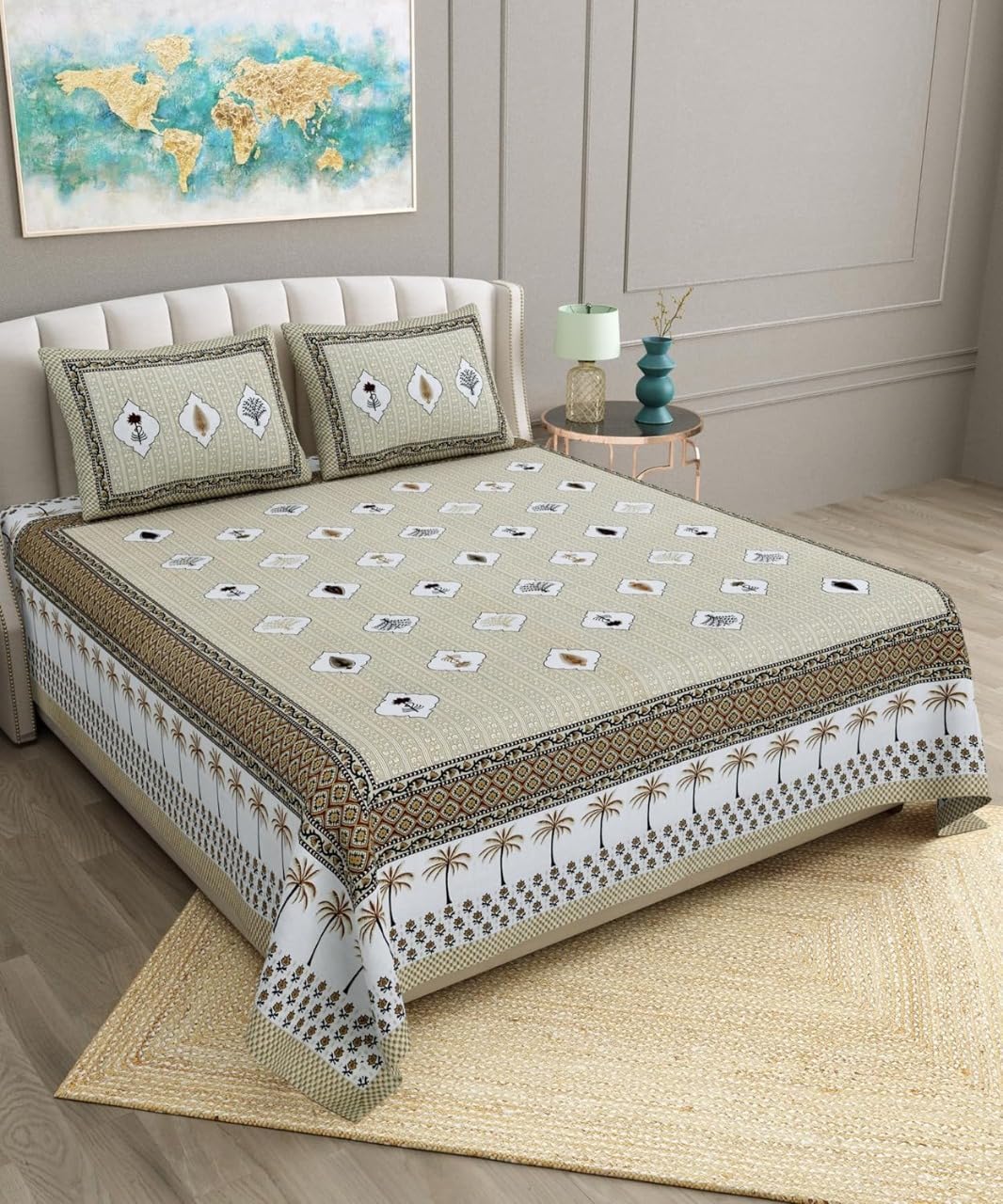 King Size Bedsheet Set with 2 Pillow Covers | 400 TC Microfiber Double Bedsheet | Soft & Breathable Printed Bed Sheet for Bedroom | Luxury Bedding Set (90x108 Inches, Beige Print)-image-34