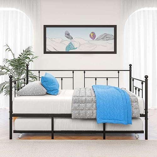 Anwick Marco de sofá cama de metal de tamaño individual con nido, camas de día con nido extraíble, sofá cama de plataforma con soporte de listones