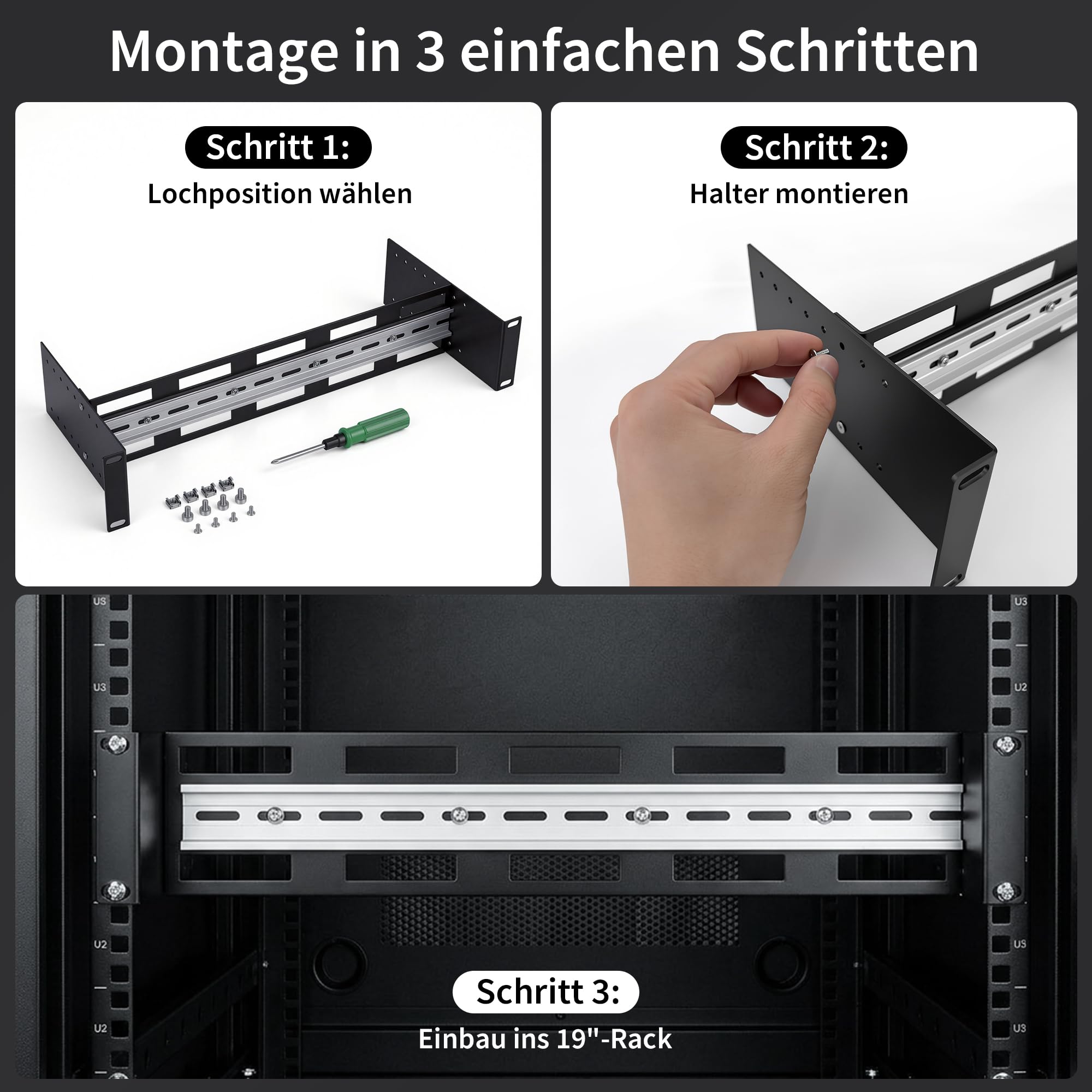 Hutschienenträger 19 Zoll 2 HE, Tiefe verstellbar 48–174 mm