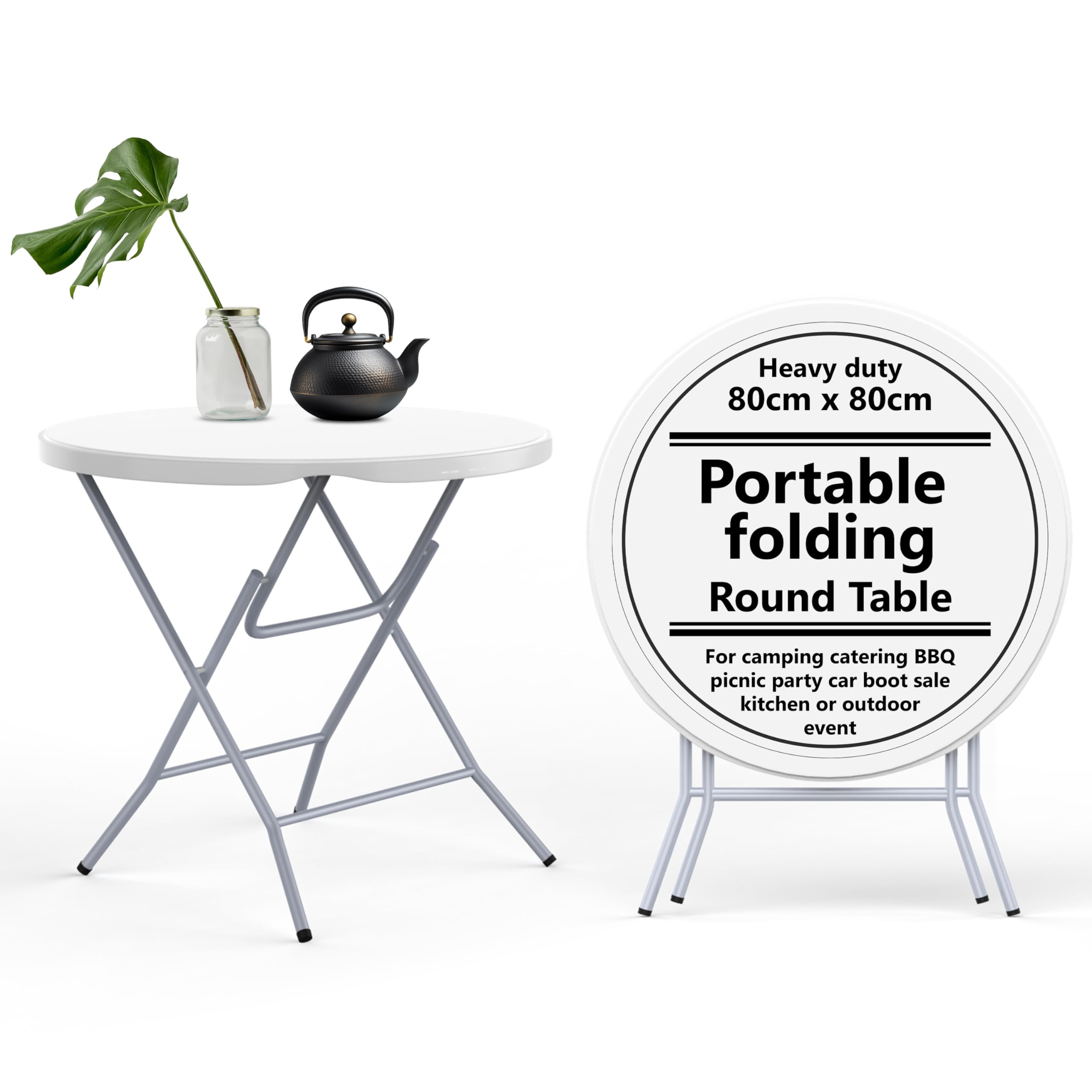 Vivo Technologies 80cm Round Folding Table, Portable Plastic Garden Table for Camping, Catering, BBQ, Picnic, Party, Car Boot Sales, Dining, Kitchen & Outdoor Events, White