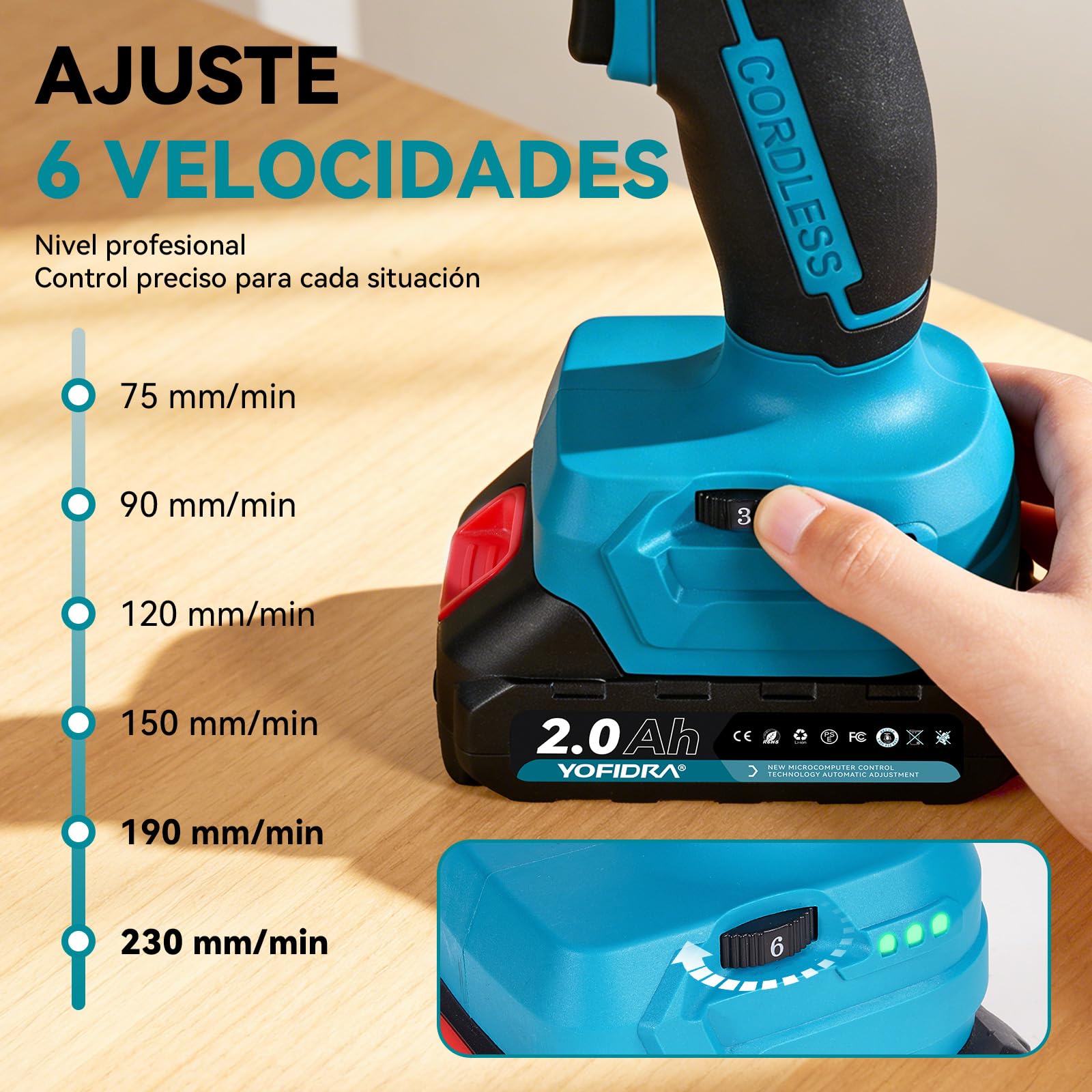 Yofidra Pistola de silicona con batería de 2 baterías de 2,0 Ah, 6 velocidades, 16 boquillas, juego de herramientas de sellado de silicona, luz LED, jeringa de silicona, batería para cartuchos de 300